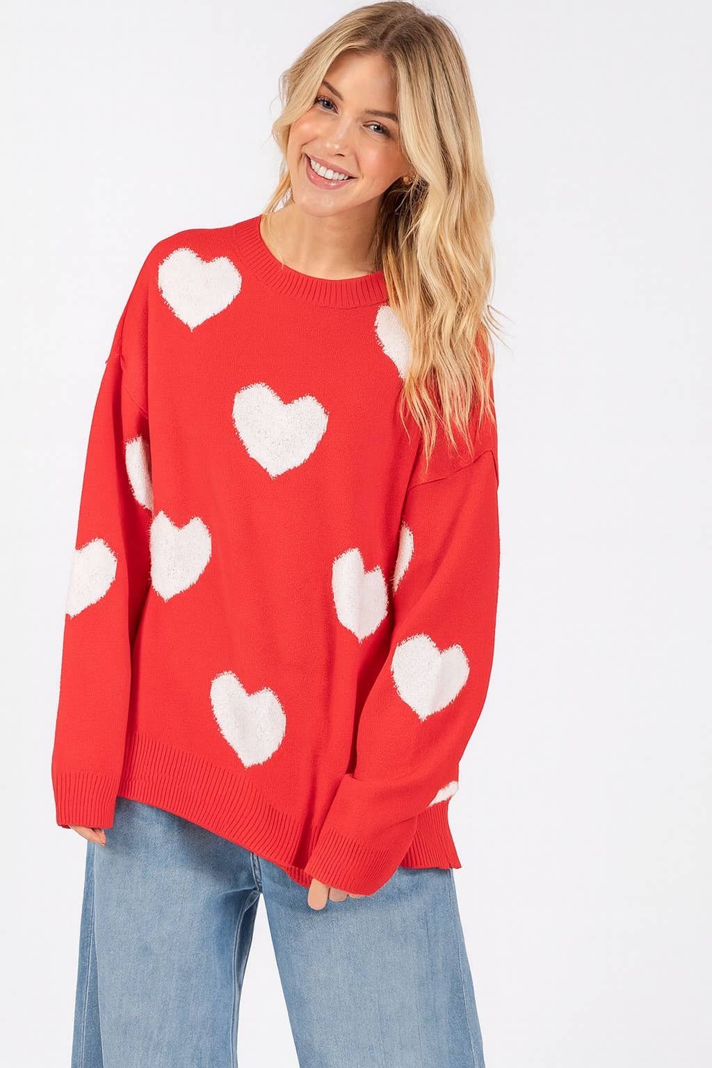 Oversized Red Valentine Side Slit Heart Sweater