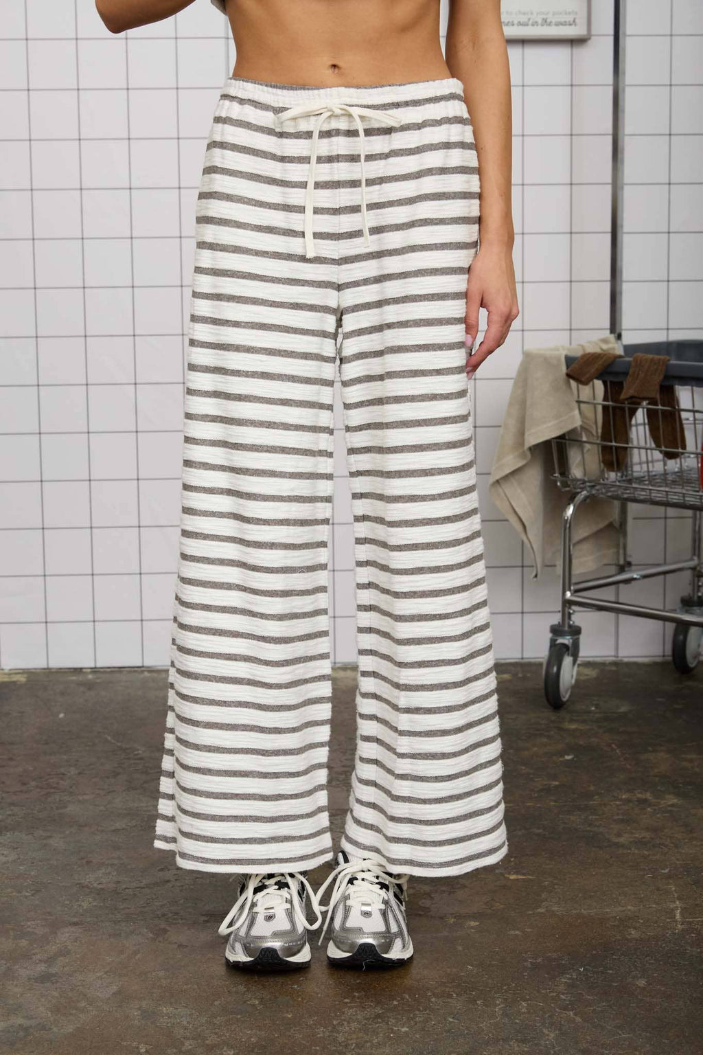 Navy Blue Stripe Drawstring Wide Leg Knit Lounge Pants