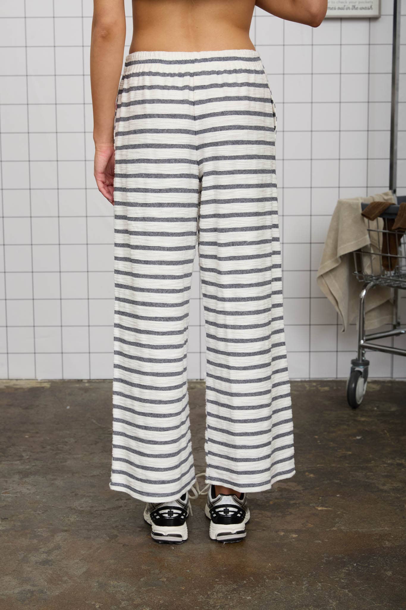 Navy Blue Stripe Drawstring Wide Leg Knit Lounge Pants