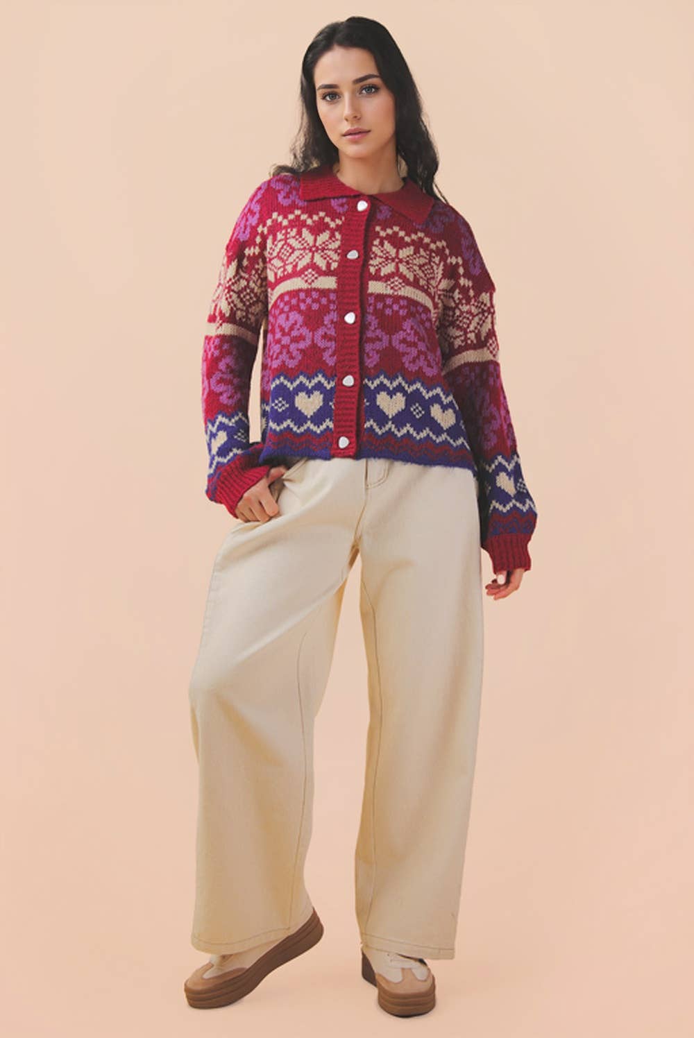 Oversized Button Down Red Graphic Knit Sweater Top