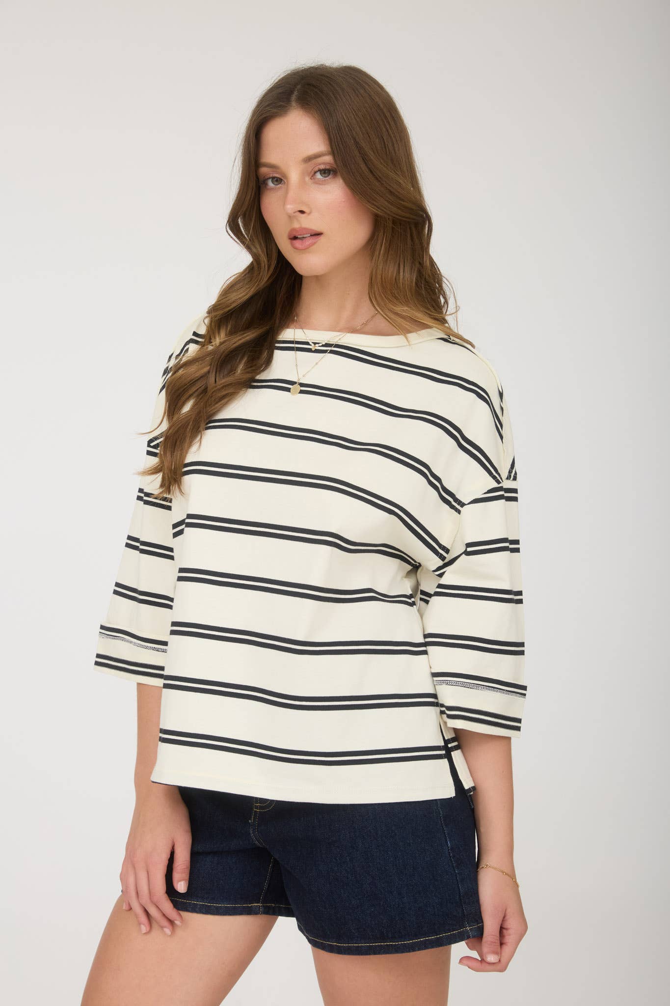 Cream Stripe Raw Edge Cuff Sleeve Oversized Knit Top
