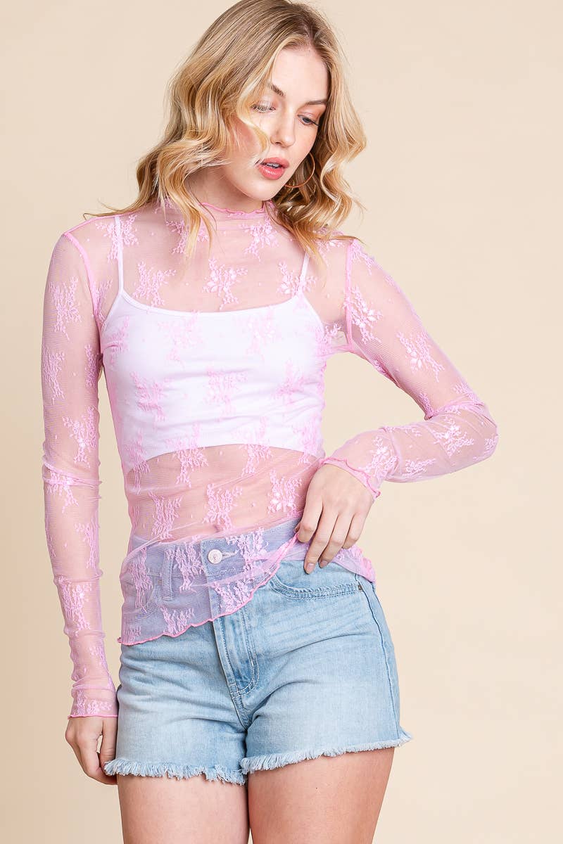 Long Sleeve Pink Floral Lace Top