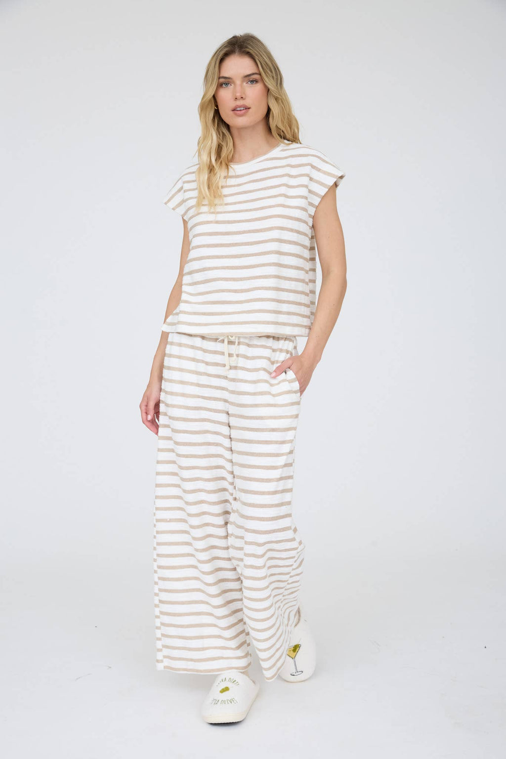 Khaki Stripe Round Neck Short Sleeve Knit Top