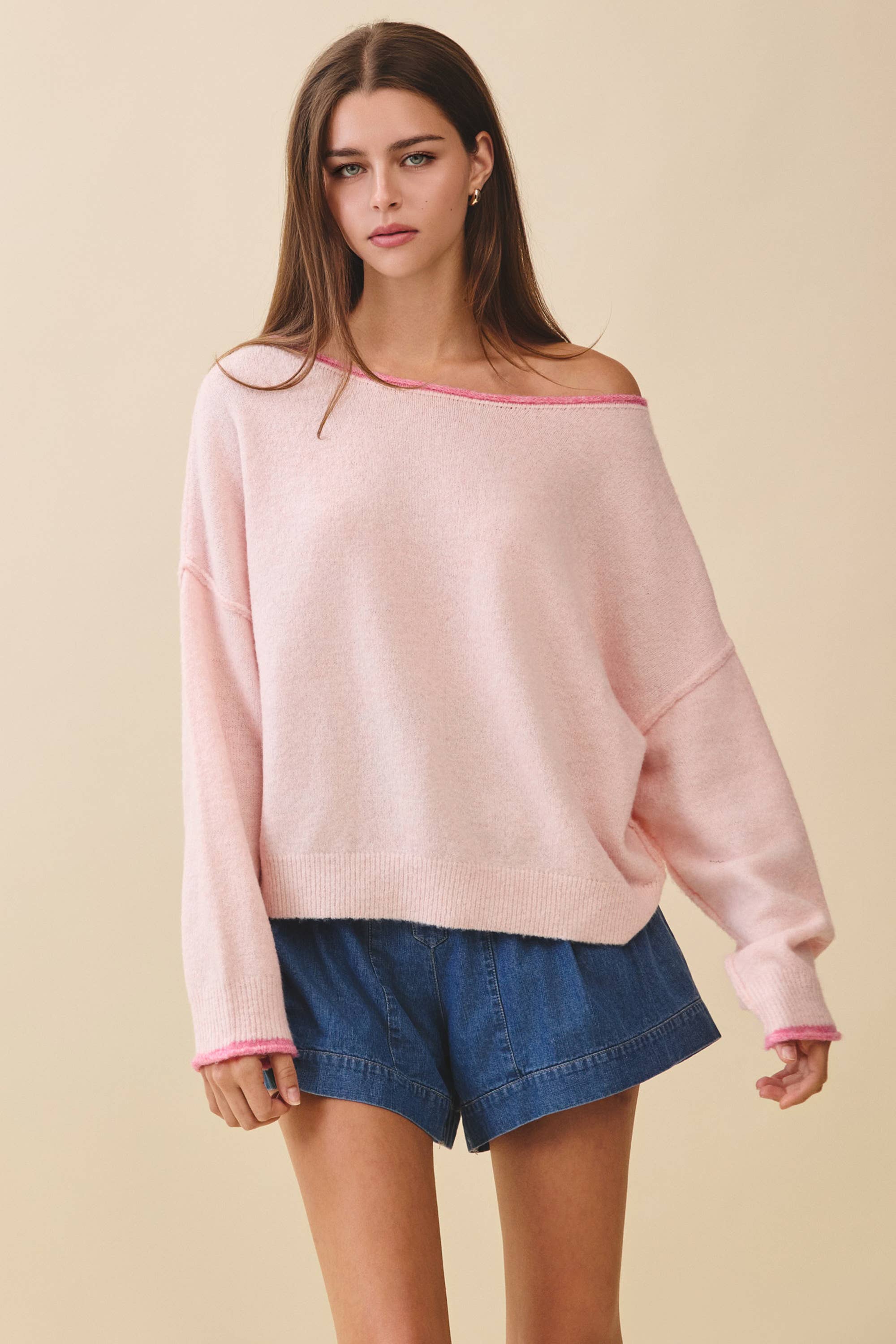 Relaxed Drop Shoulder Fuzzy Pink Knit Pullover