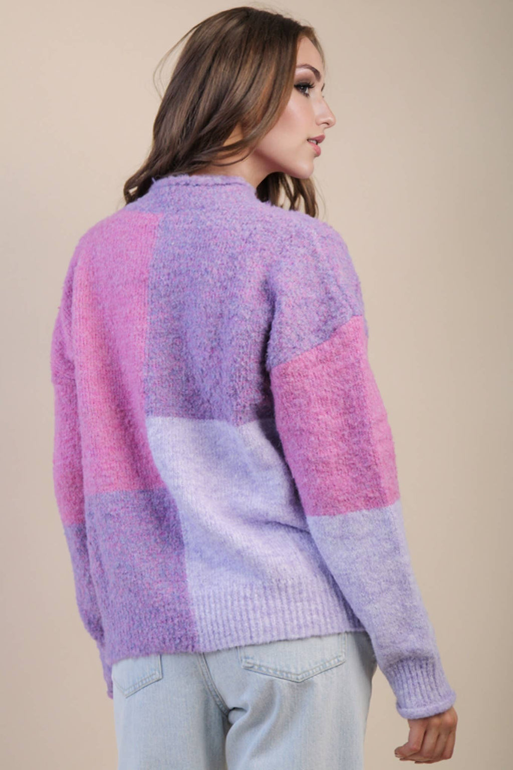 ECO Oversized Purple Color Block Cozy Knit Sweater Top