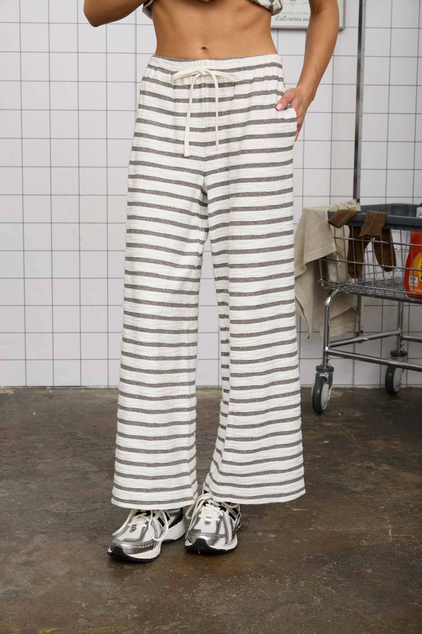 Navy Blue Stripe Drawstring Wide Leg Knit Lounge Pants
