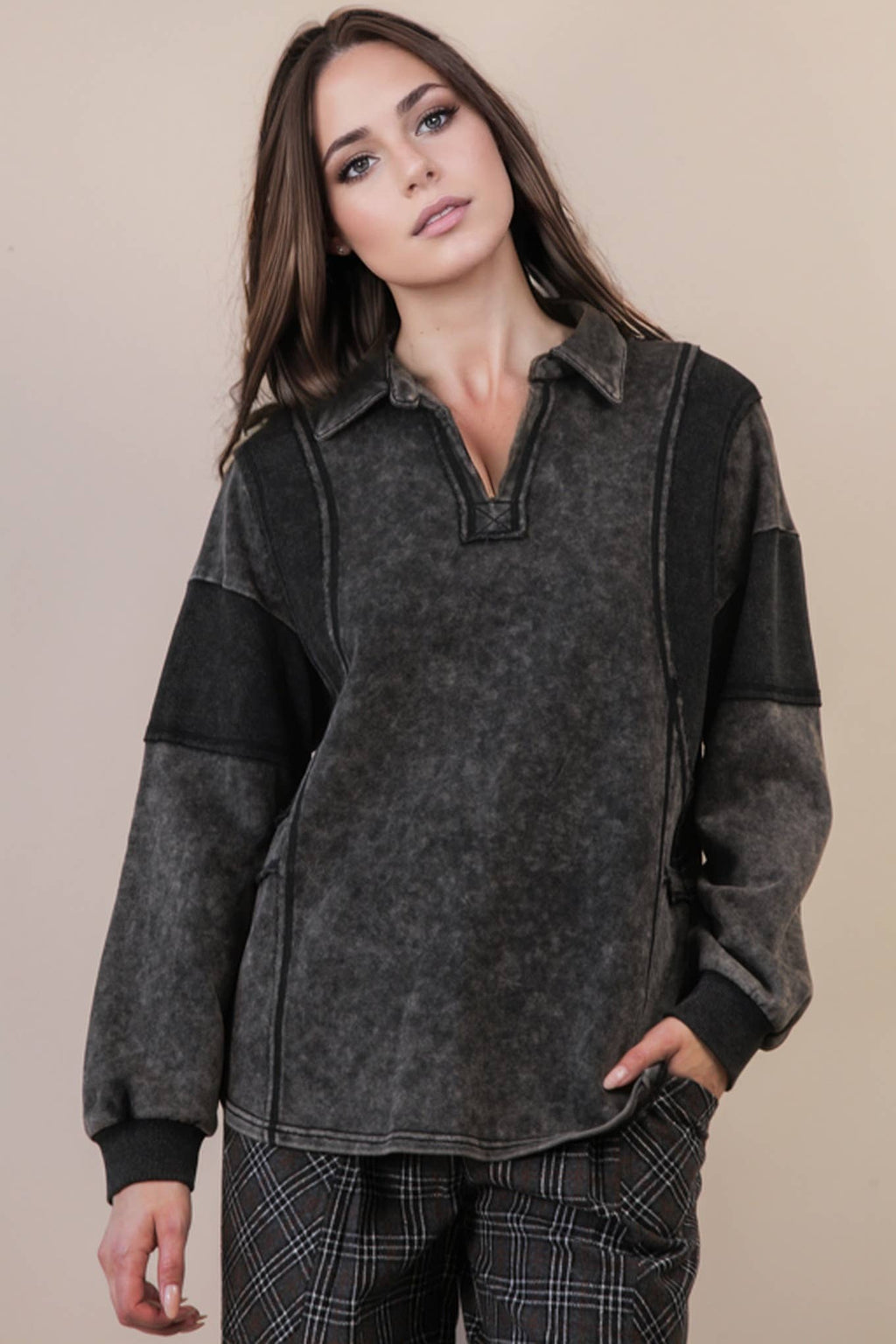 Black Mineral Washed Oversized French Terry Knit Top