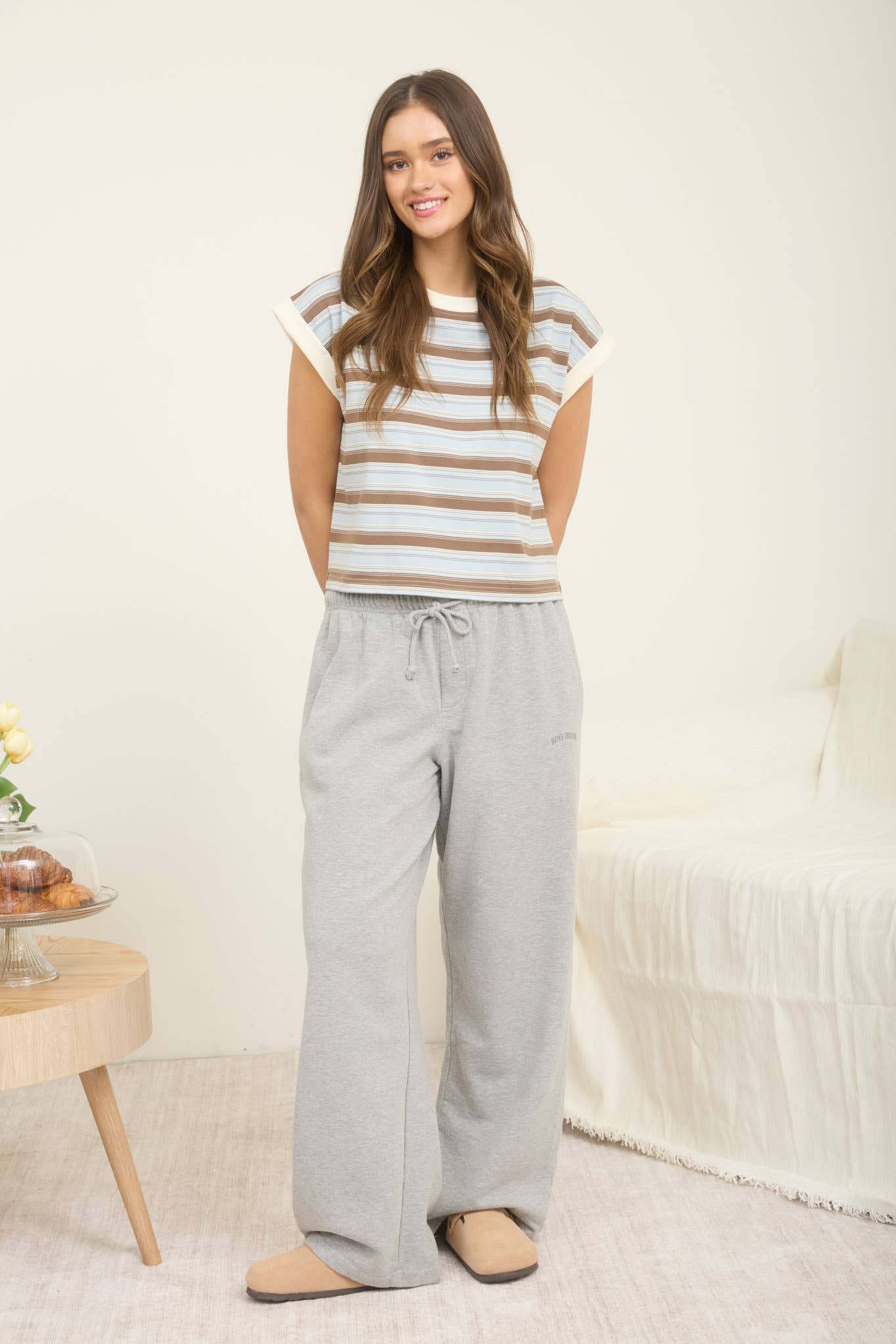 Dusty Blue Multi-Color Stripe Crewneck Sleeveless Knit Top