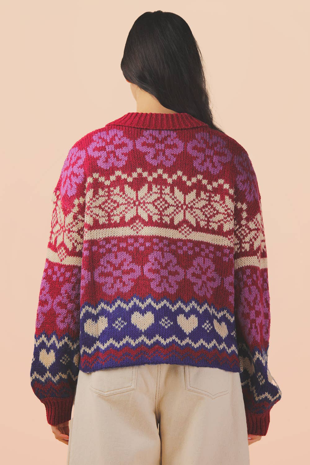 Oversized Button Down Red Graphic Knit Sweater Top