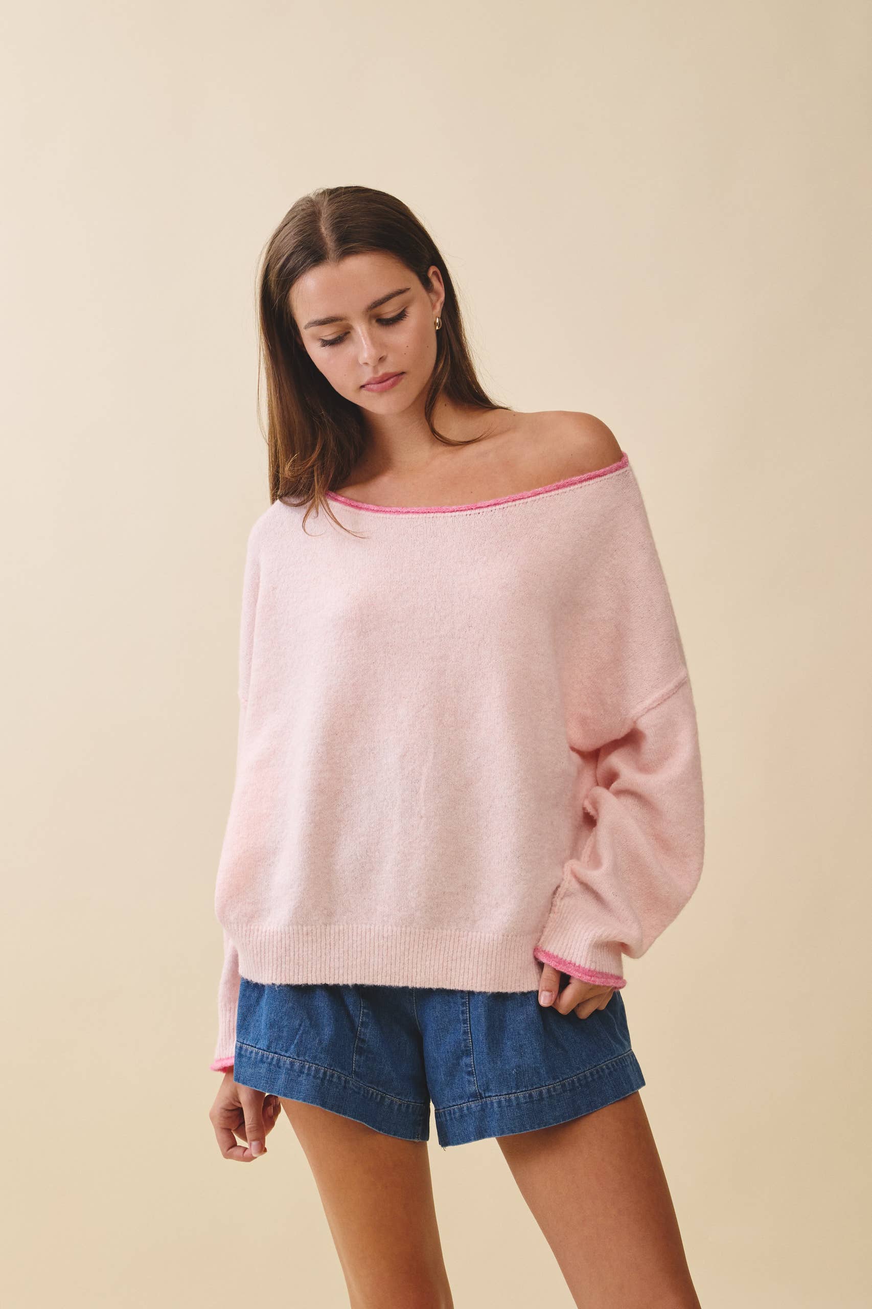 Relaxed Drop Shoulder Fuzzy Pink Knit Pullover
