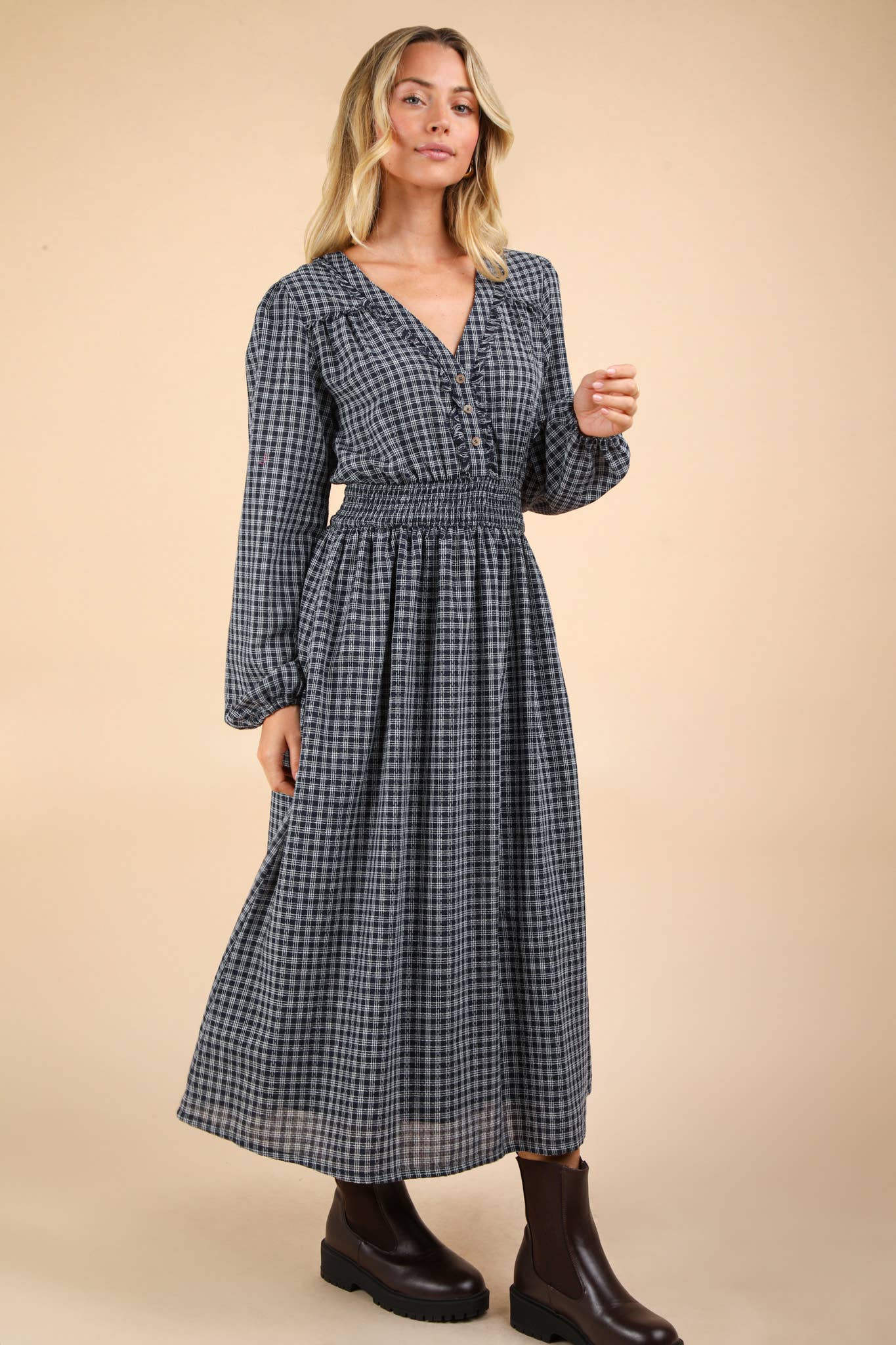 V-Neck Smocking Long Sleeve Navy Blue Plaid Midi Dress