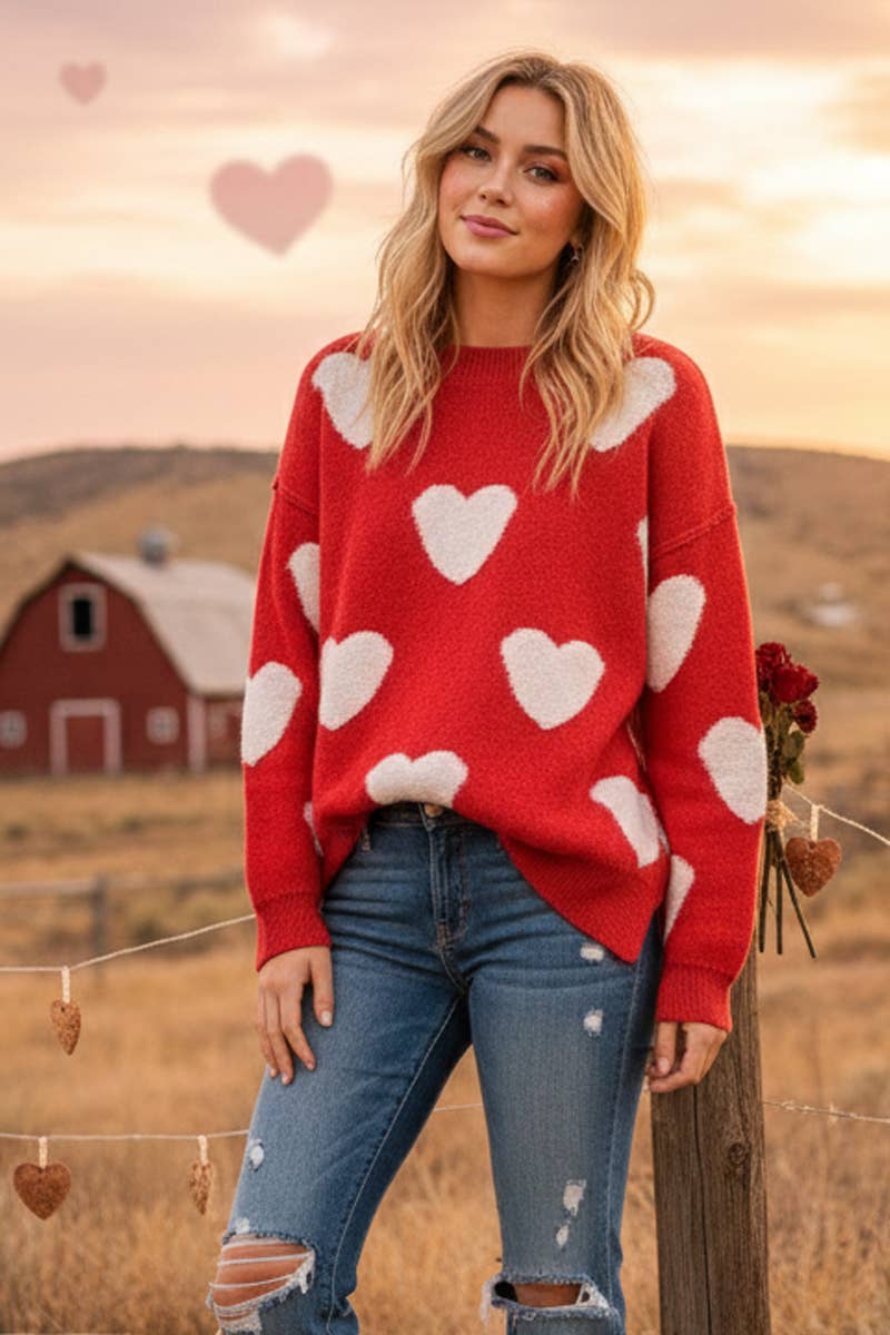 Oversized Red Valentine Side Slit Heart Sweater