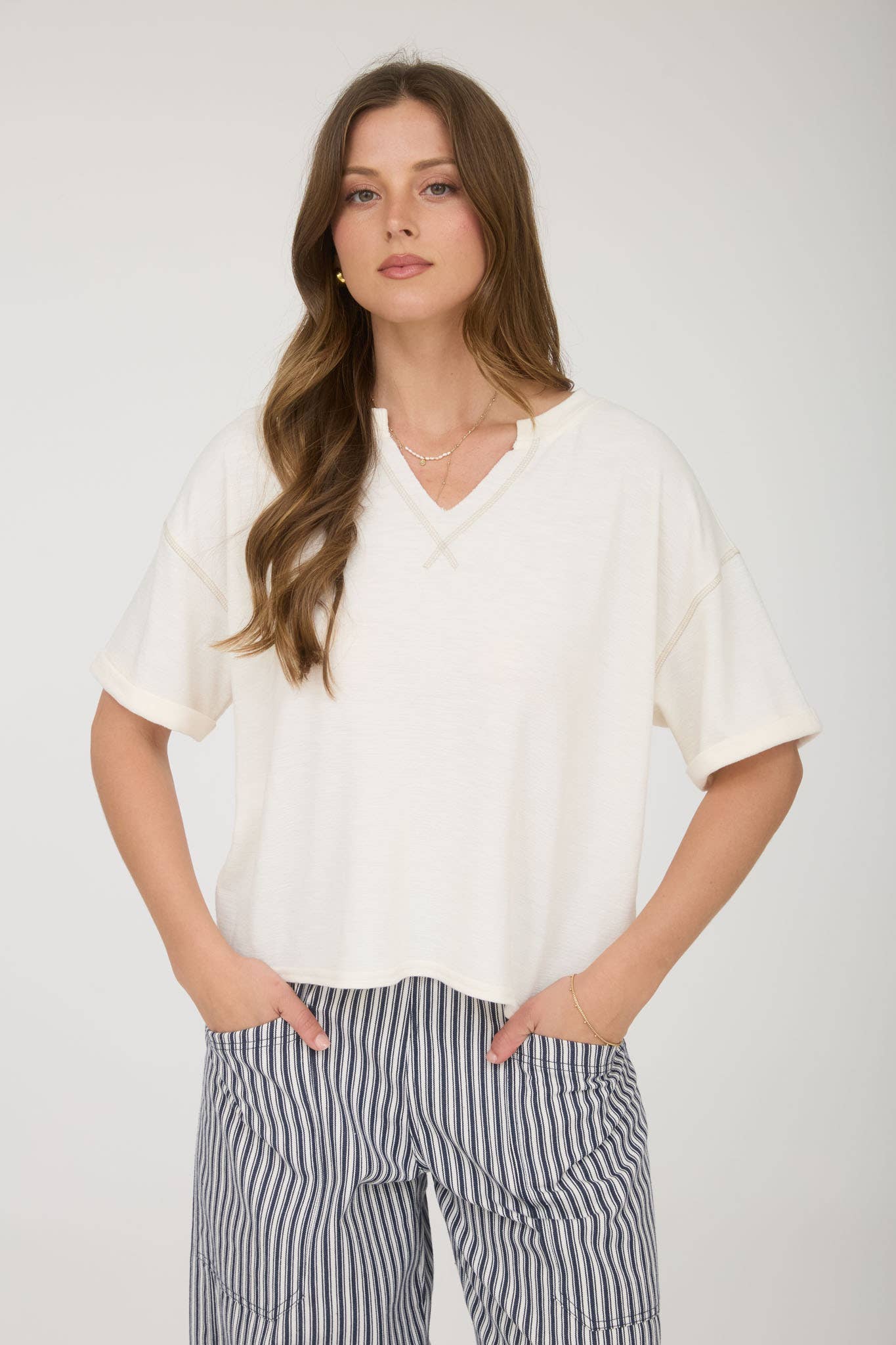 White Contrast Stitch Drop Shoulder Cuff Sleeve Knit Top