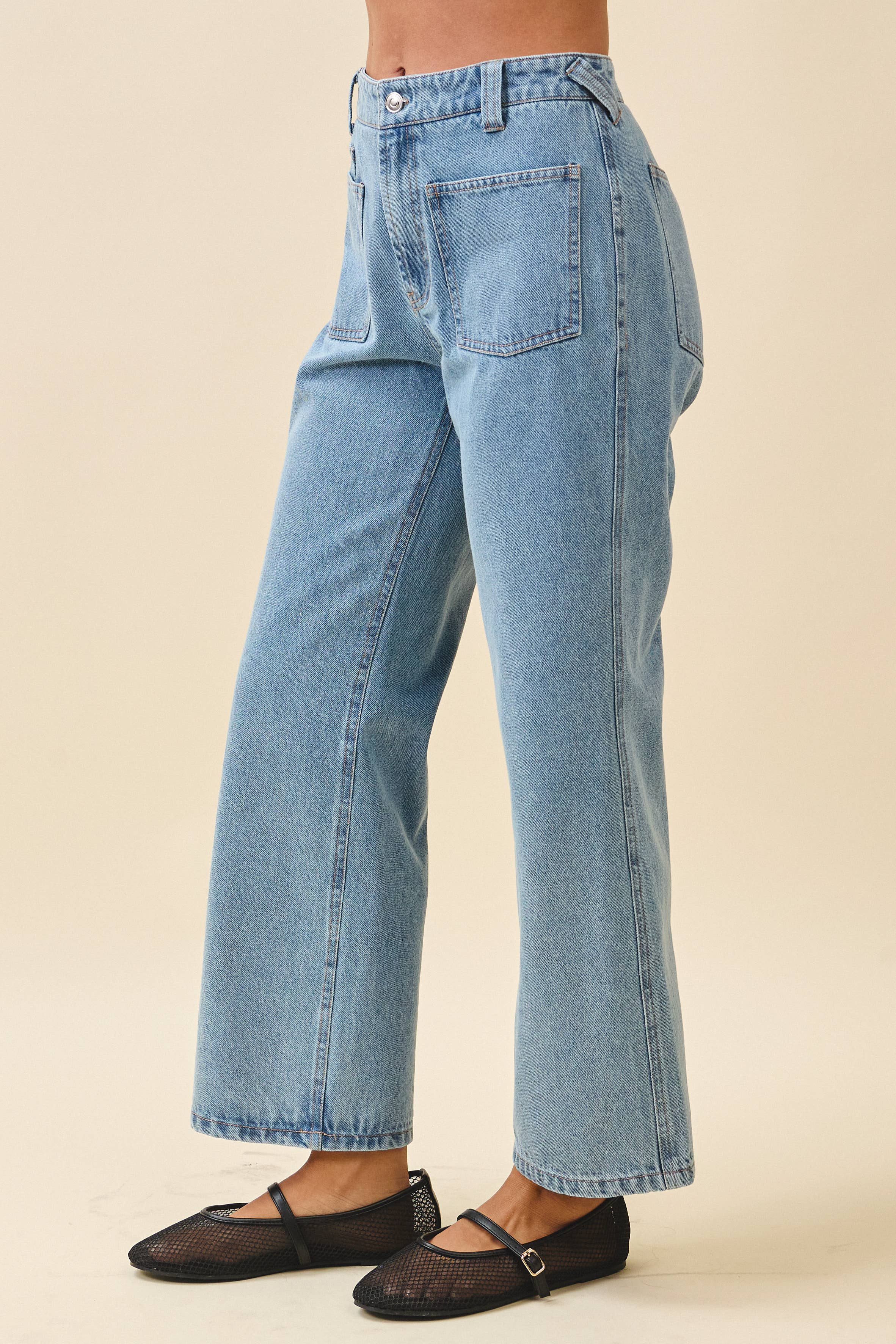 High Waist Wide Leg Denim Pants with Patch Pockets