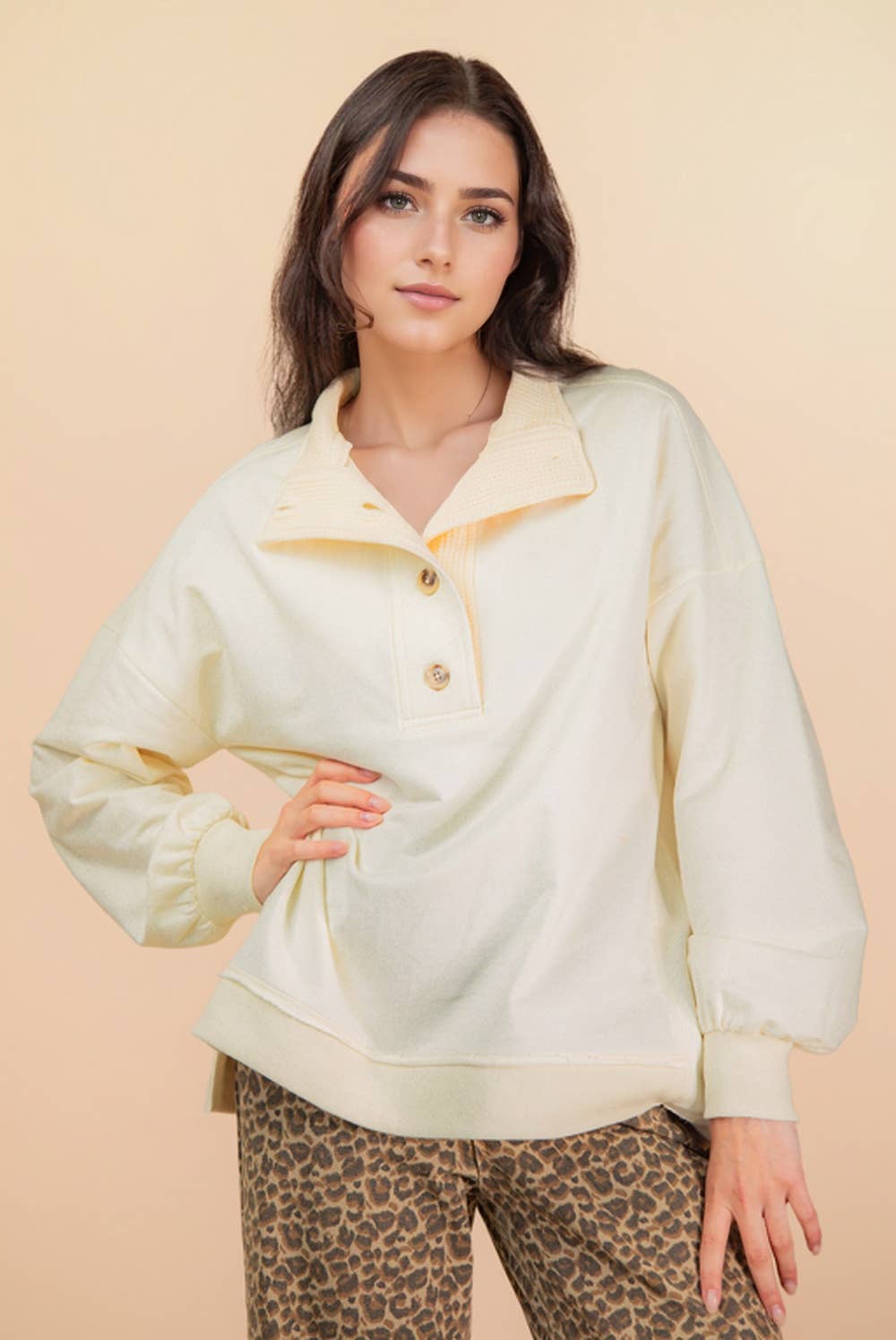 Mock Neck Cream Mineral Washed Knit Causal Top