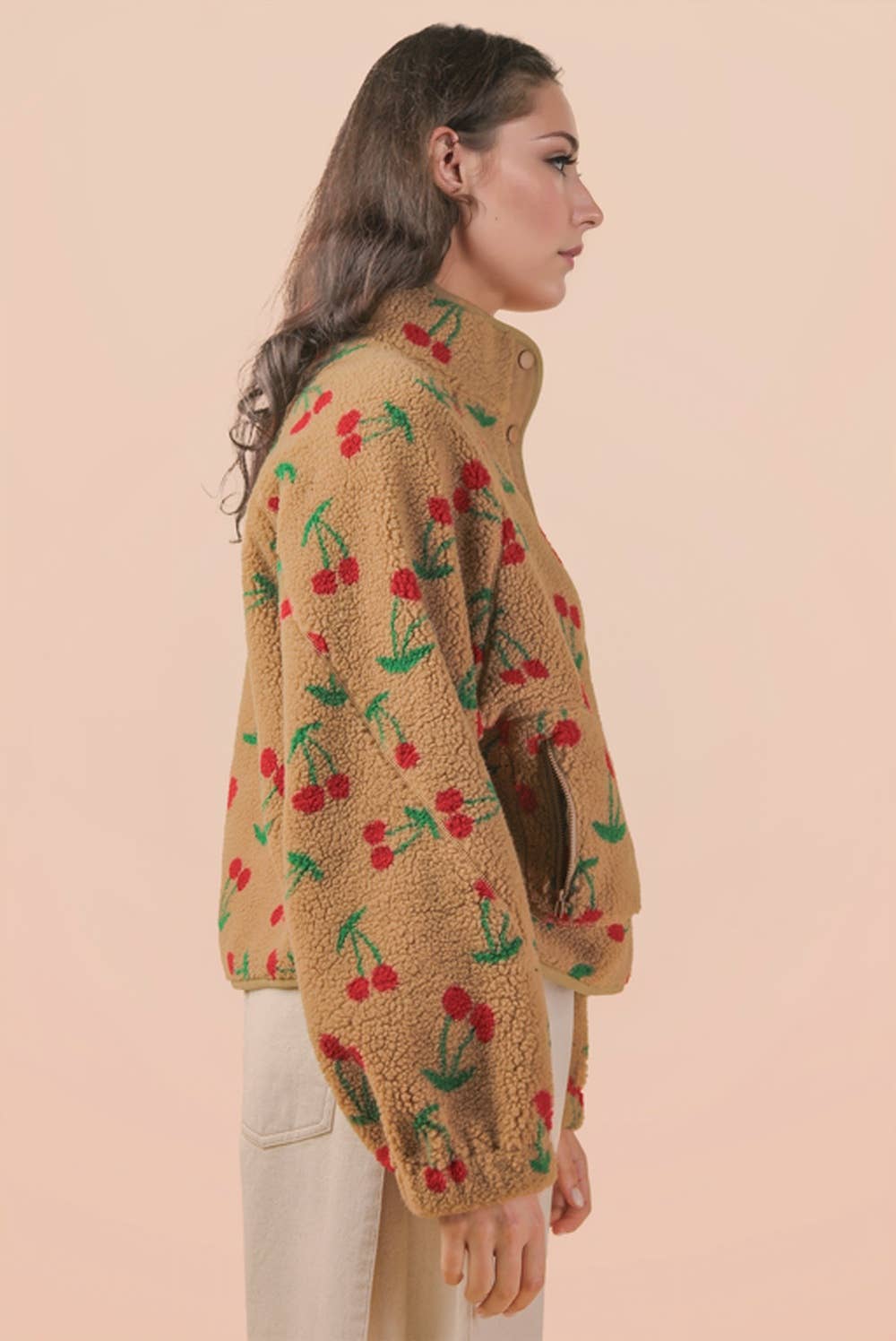 Choco Cherry Printed Fleece Oversized Jacket