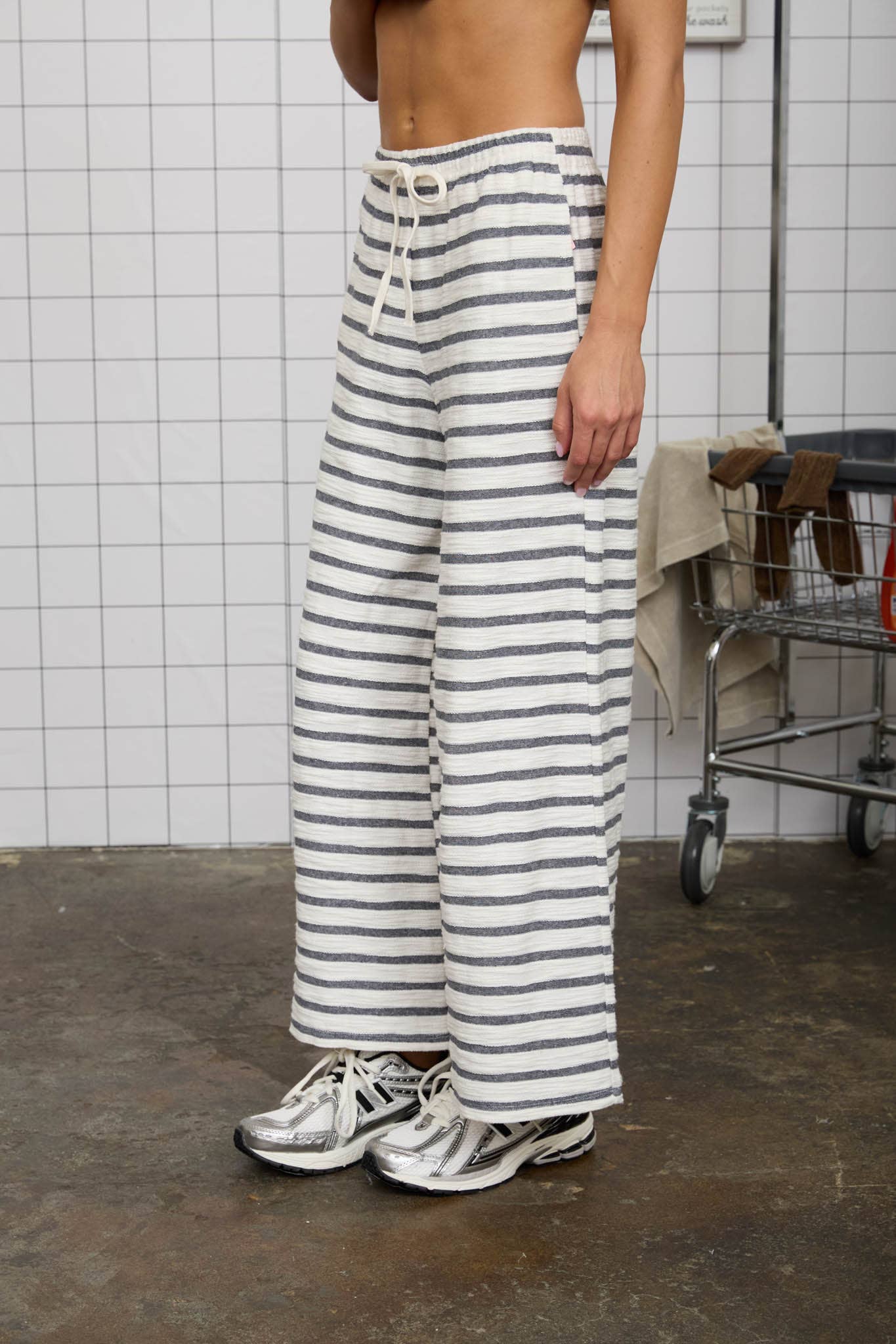 Navy Blue Stripe Drawstring Wide Leg Knit Lounge Pants