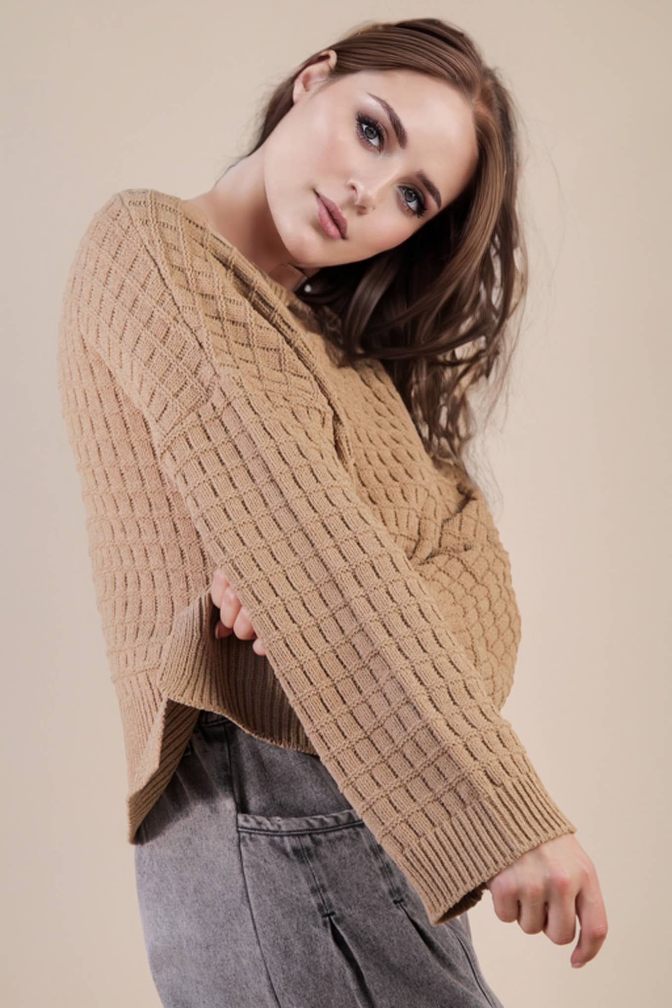 Oversized Textured Mocha Solid Casual Knit Sweater Top