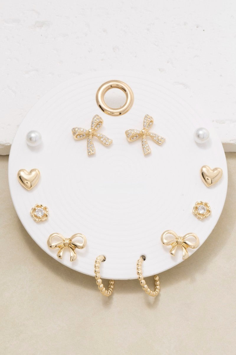 Six Pair Bow And Hearts Earrings Set