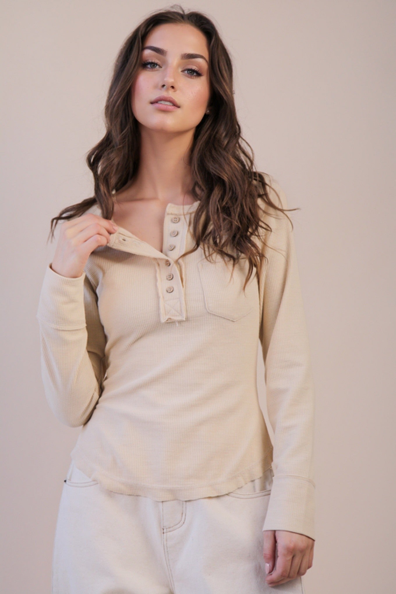 Button Down Washed Cream Waffle Knit Top