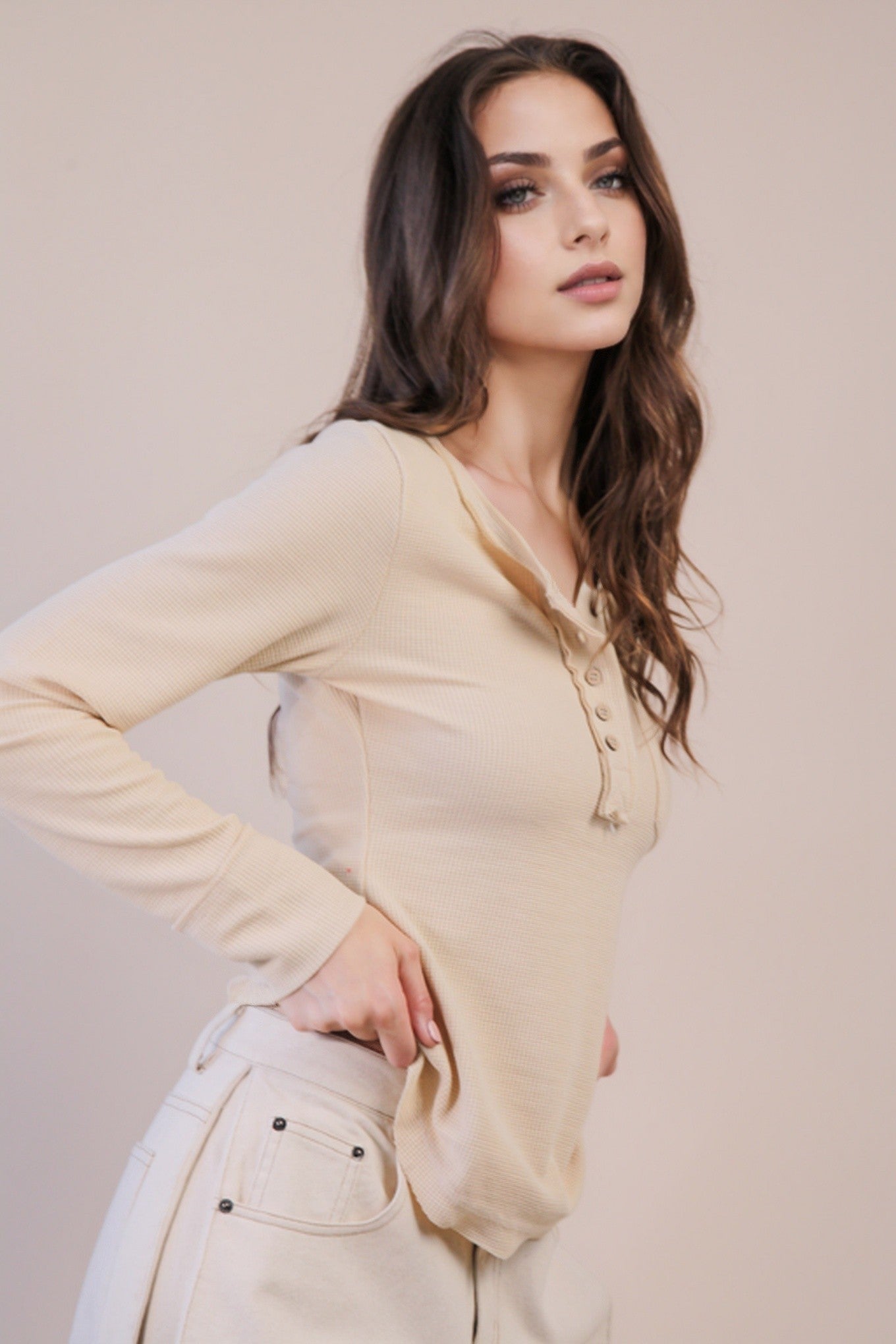 Button Down Washed Cream Waffle Knit Top