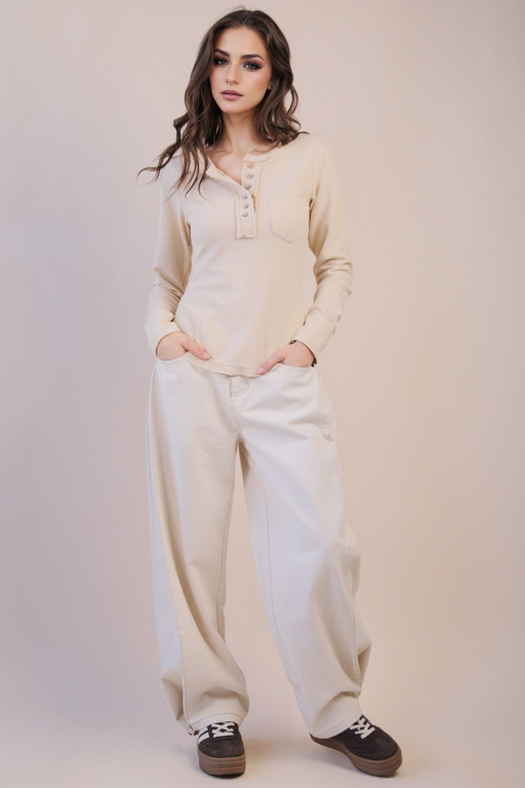 Button Down Washed Cream Waffle Knit Top