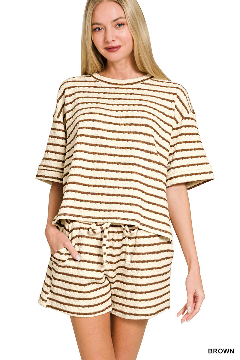 Brown Striped Short Sleeve Tee & Shorts Set