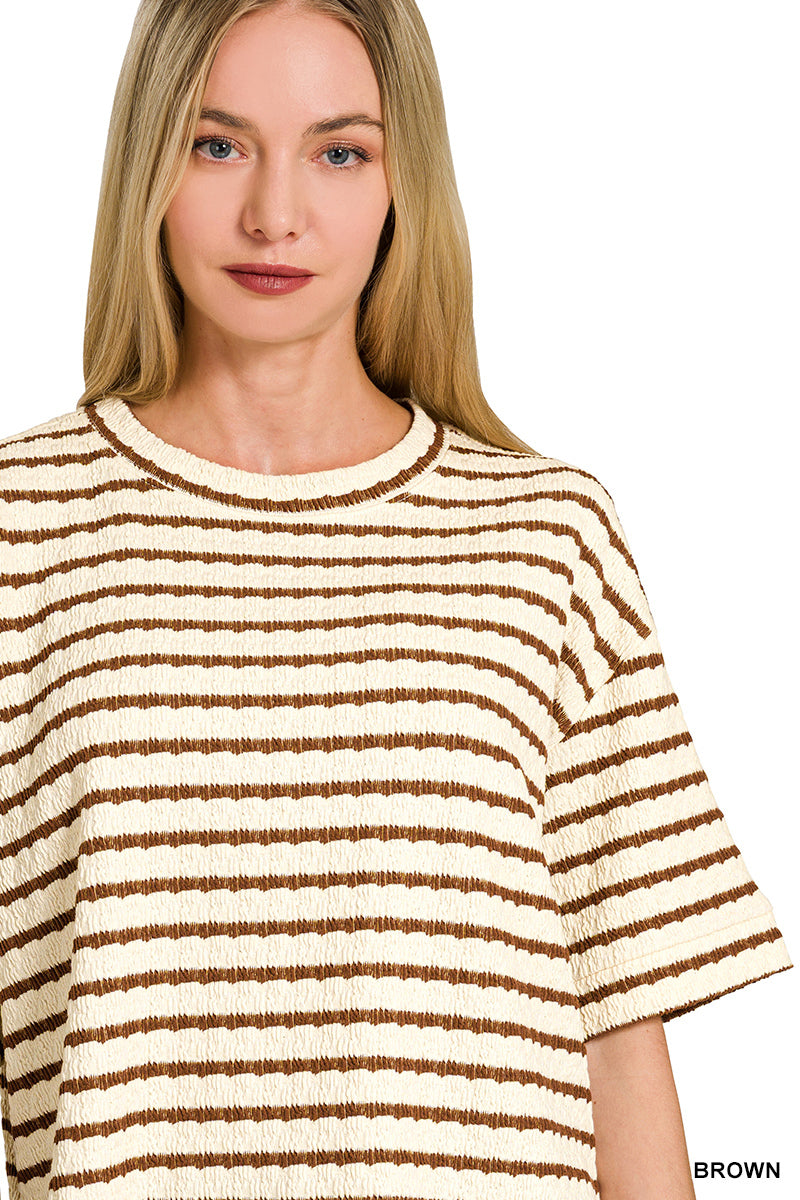 Brown Striped Short Sleeve Tee & Shorts Set