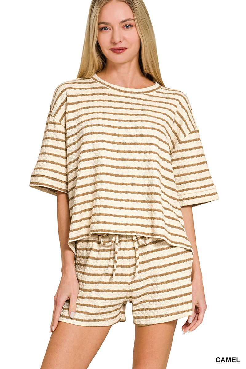 Brown Striped Short Sleeve Tee & Shorts Set