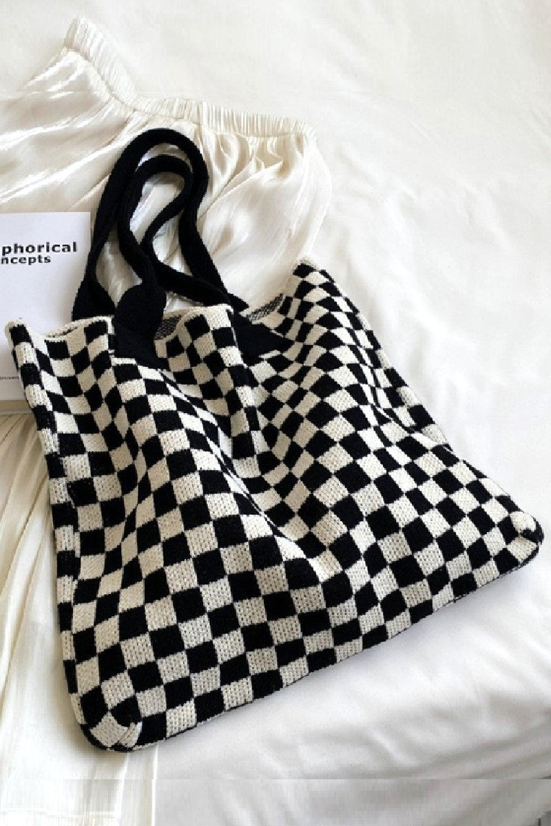 Checkered Crochet Knit Canvas Commuter Bag