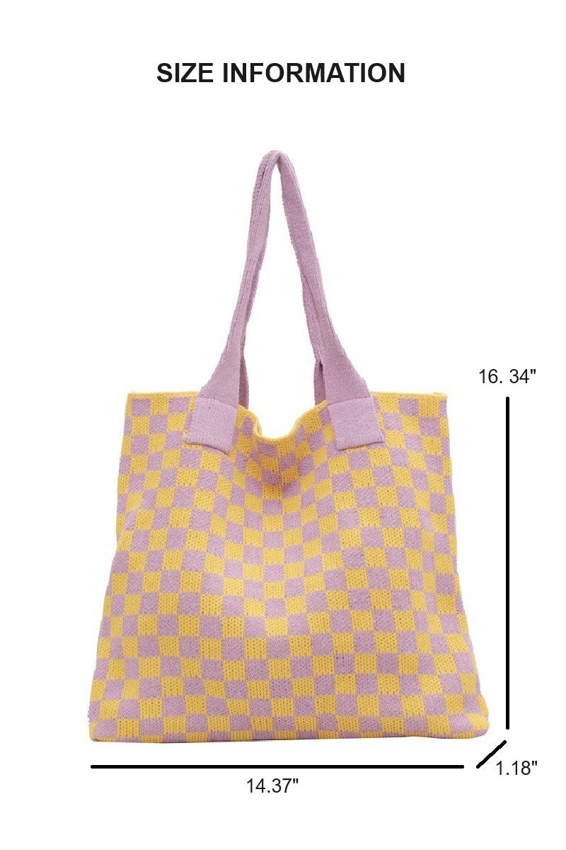 Checkered Crochet Knit Canvas Commuter Bag