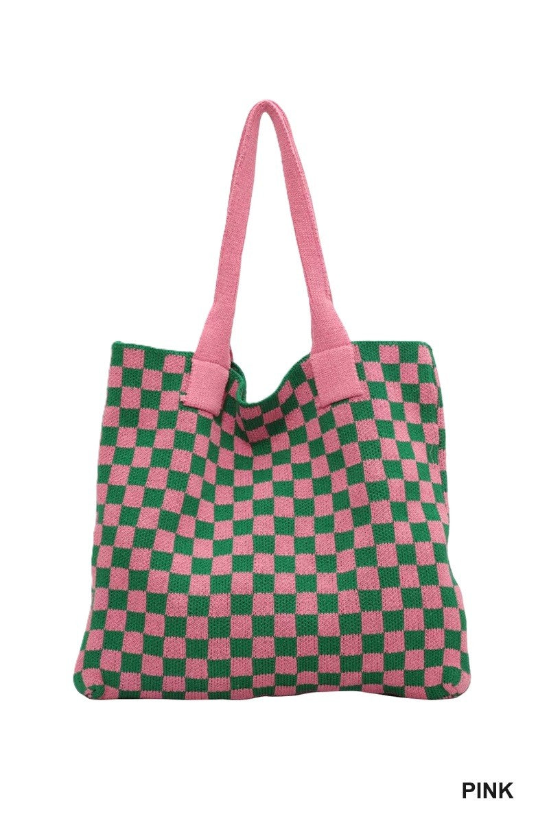 Checkered Crochet Knit Canvas Commuter Bag