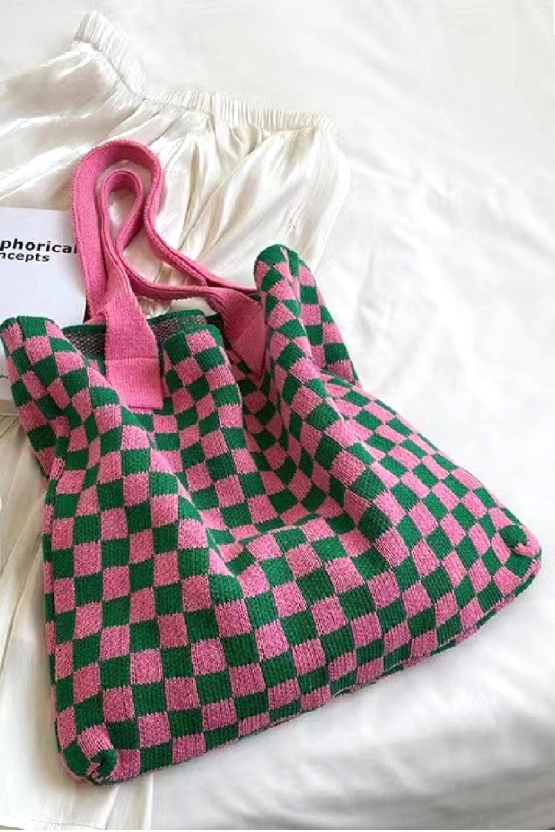 Checkered Crochet Knit Canvas Commuter Bag