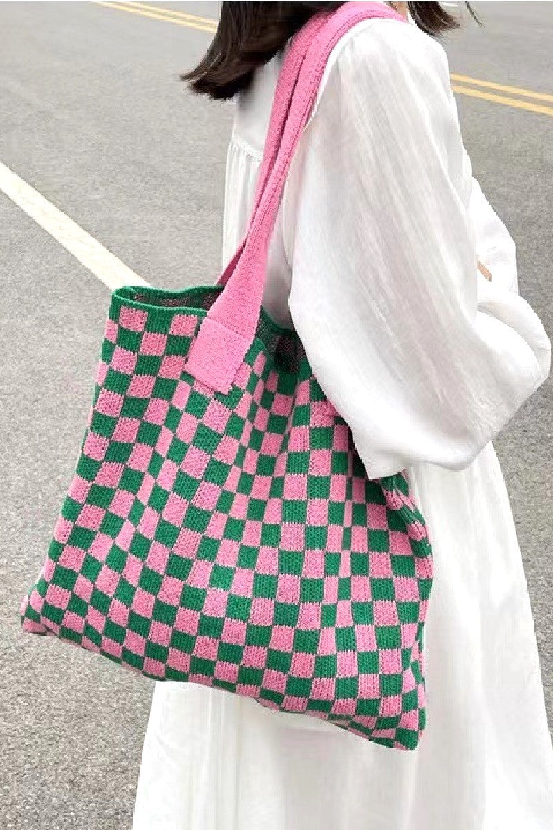 Checkered Crochet Knit Canvas Commuter Bag