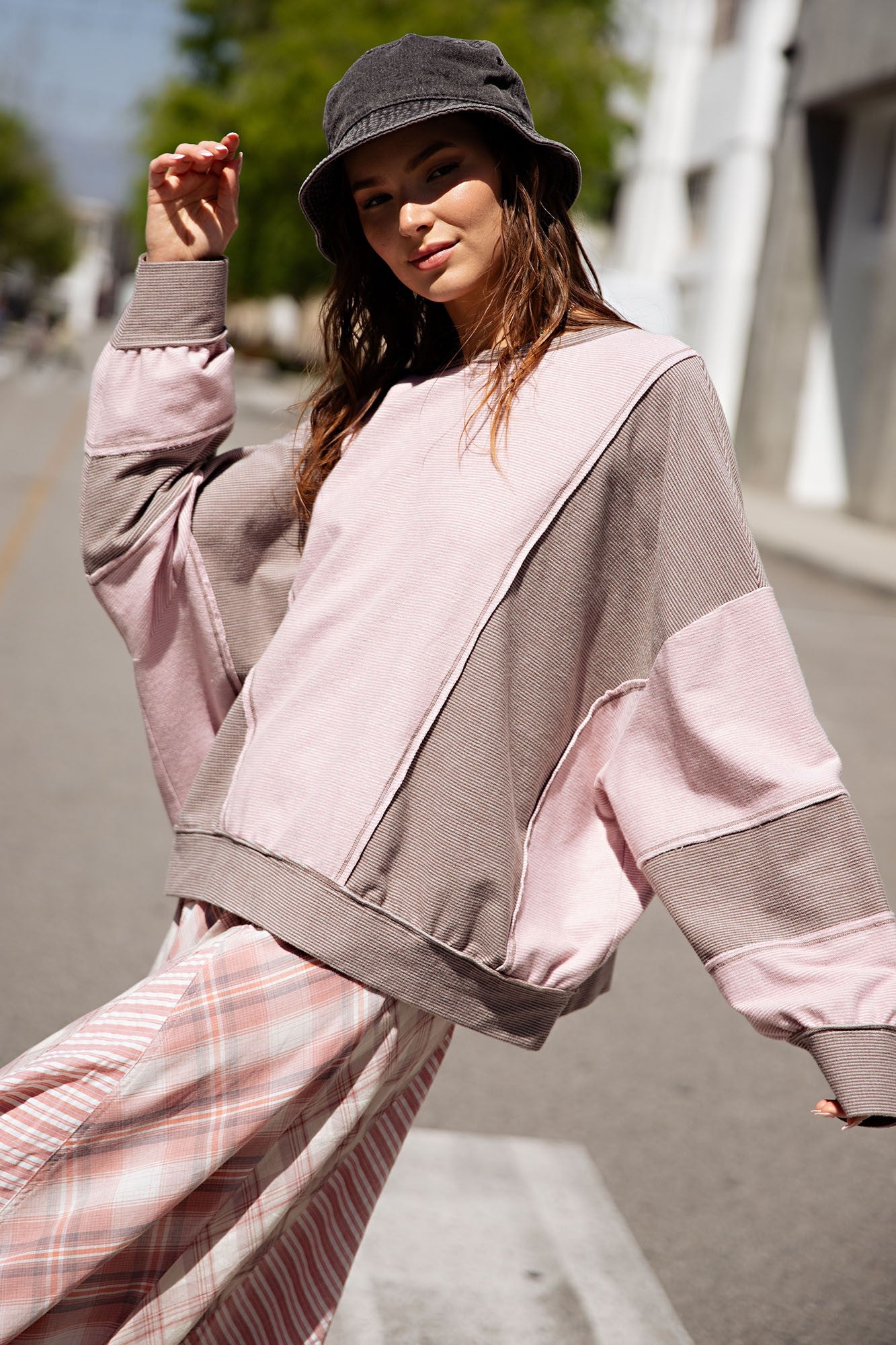Rose Brown Color Stripe Mix top