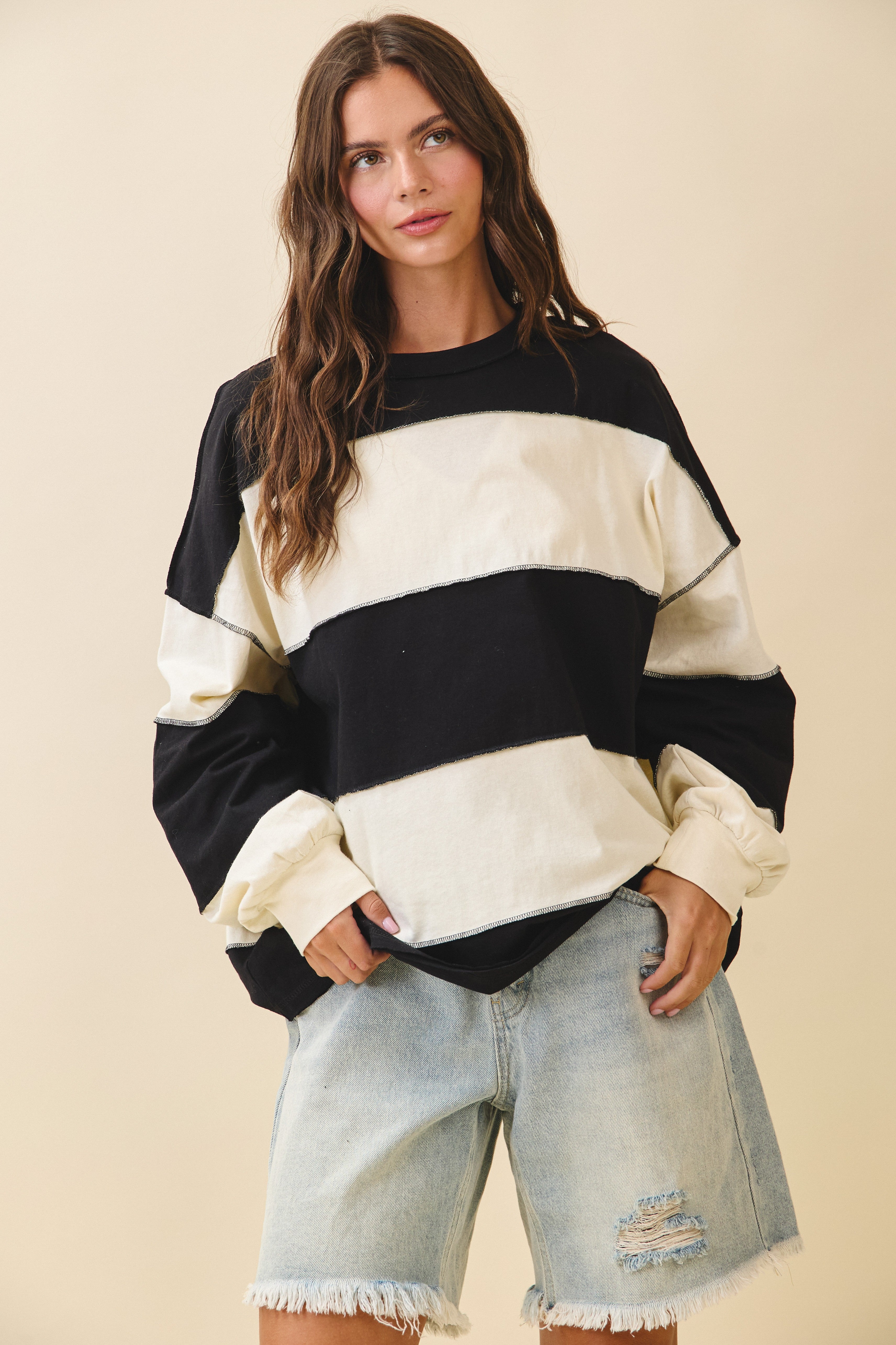 Contrast Panel Black Butter Long Sleeve Slouchy Pullover