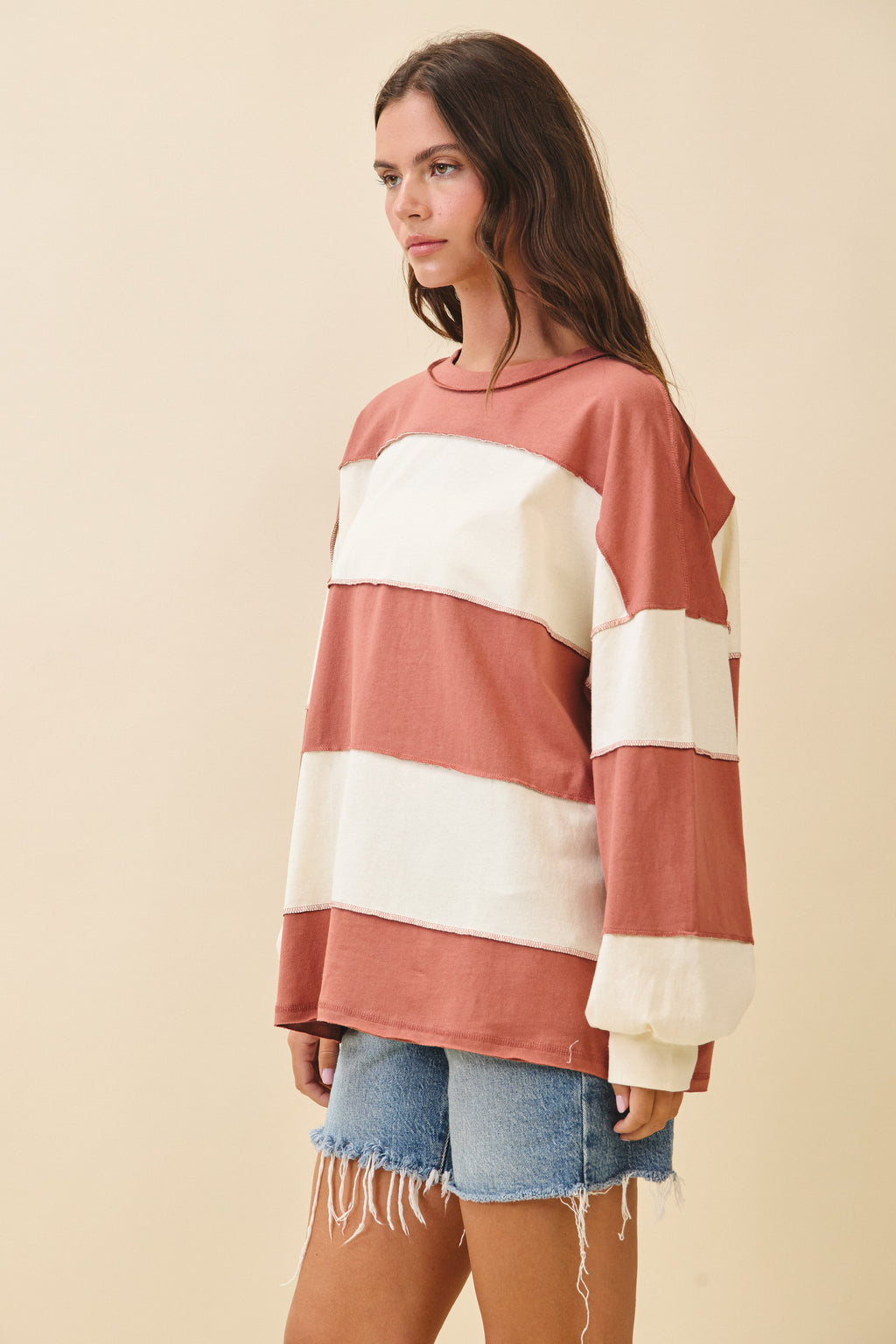 Contrast Panel Terracotta Butter Long Sleeve Slouchy Pullover