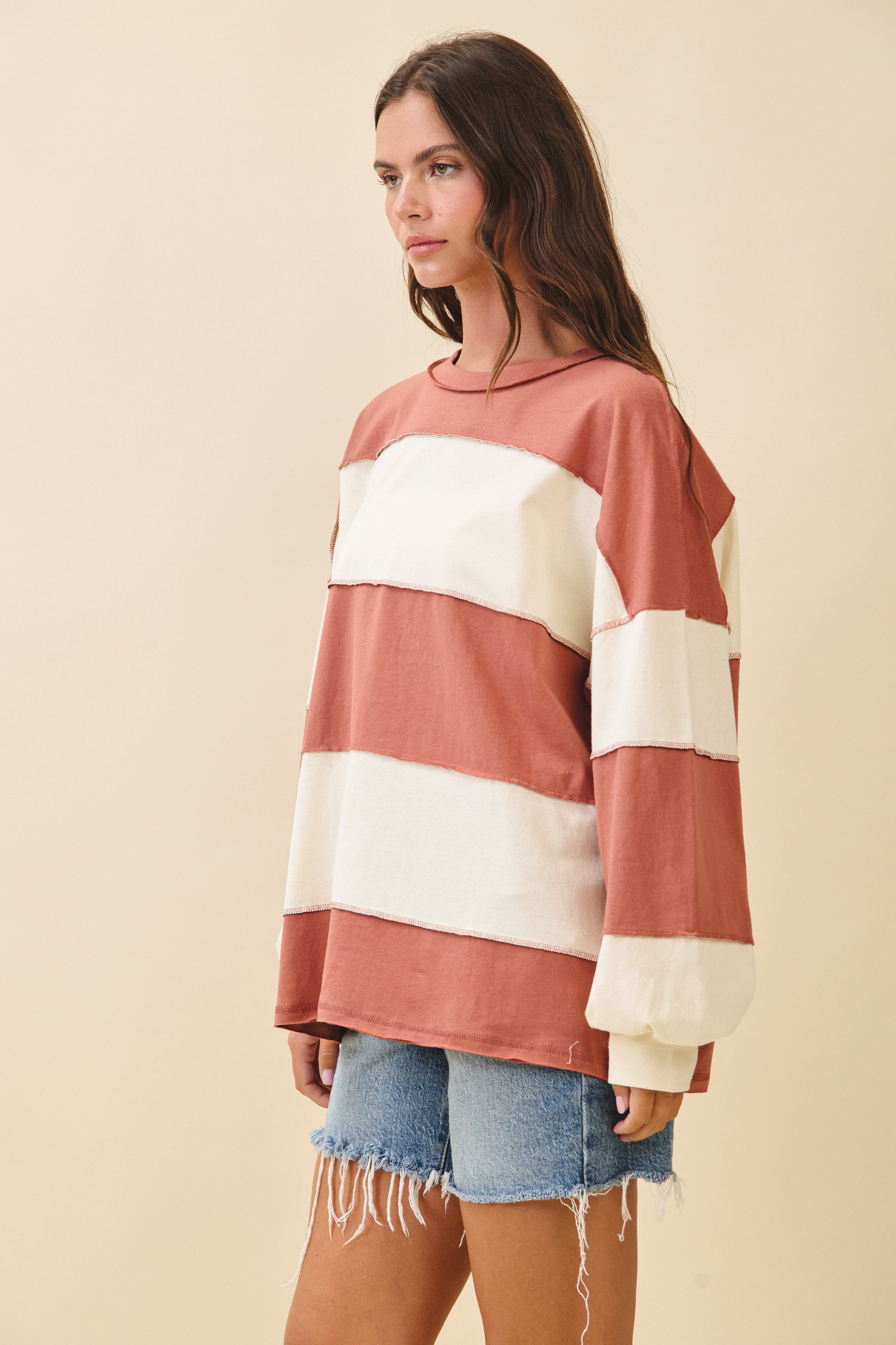 Contrast Panel Terracotta Butter Long Sleeve Slouchy Pullover