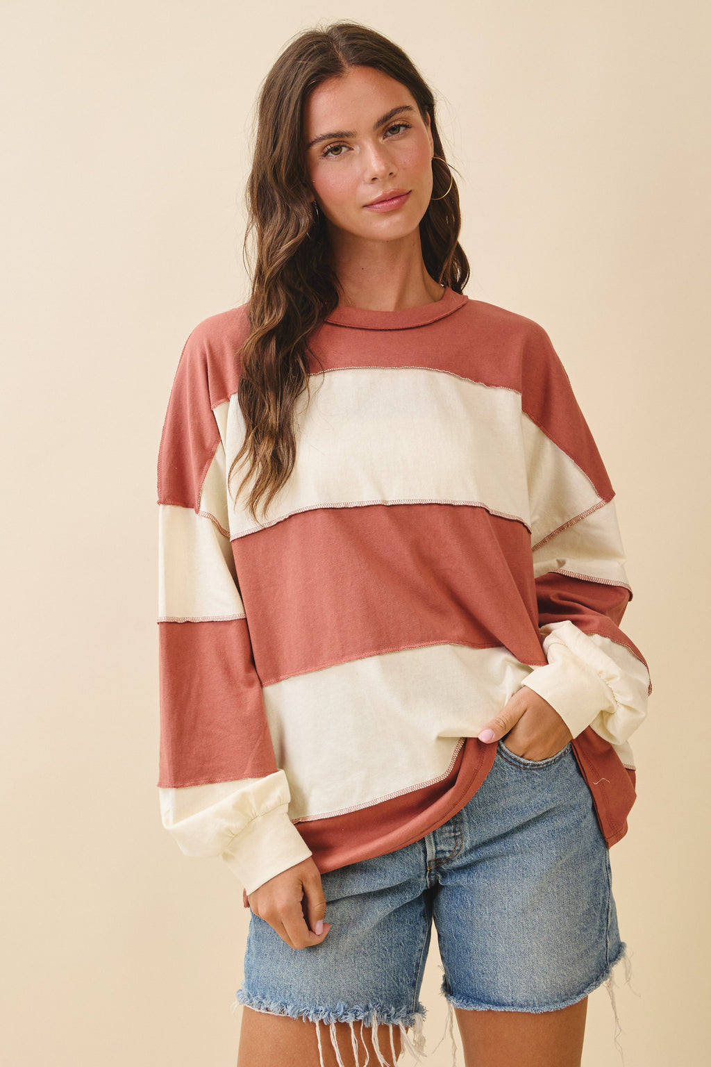 Contrast Panel Terracotta Butter Long Sleeve Slouchy Pullover