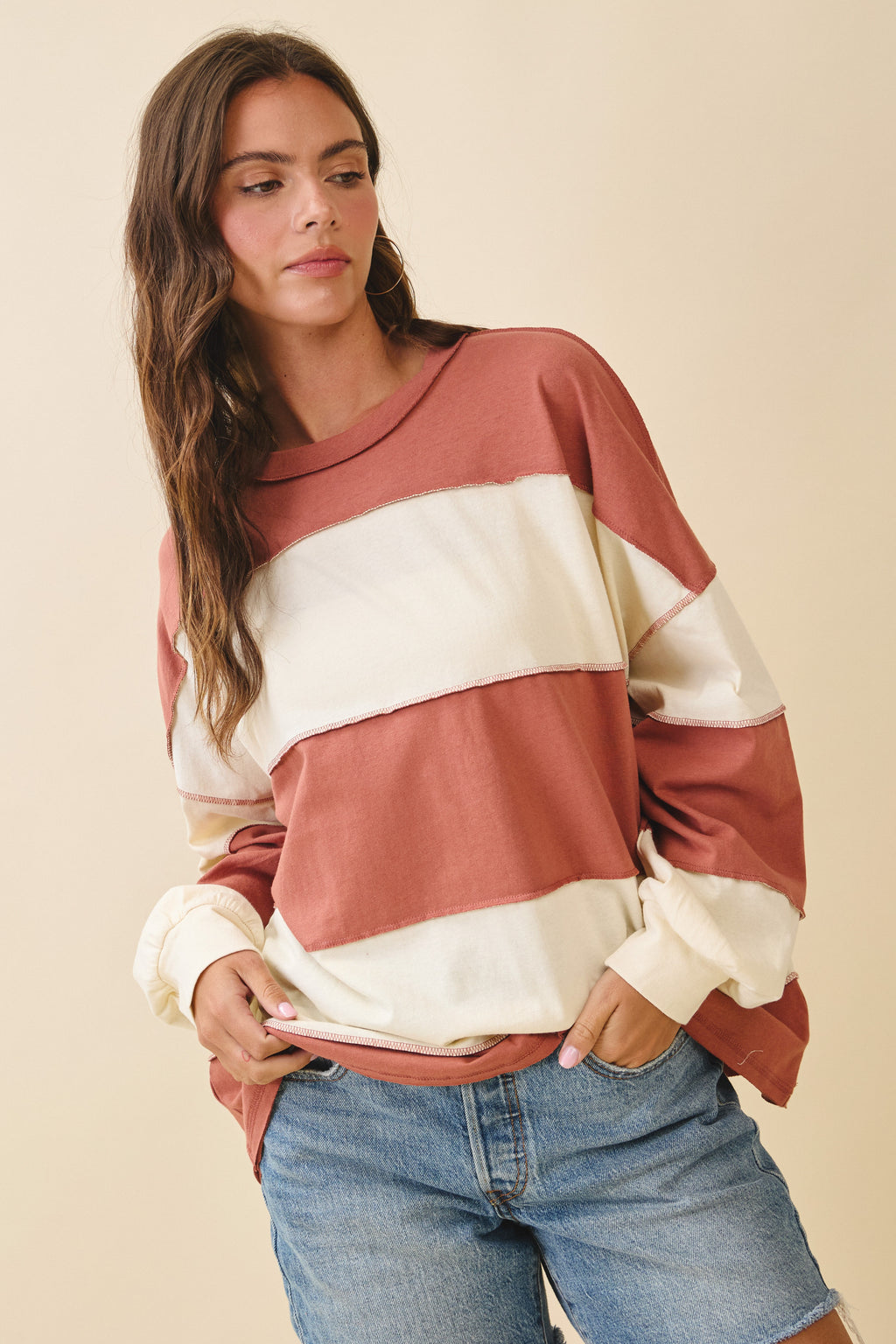 Contrast Panel Terracotta Butter Long Sleeve Slouchy Pullover