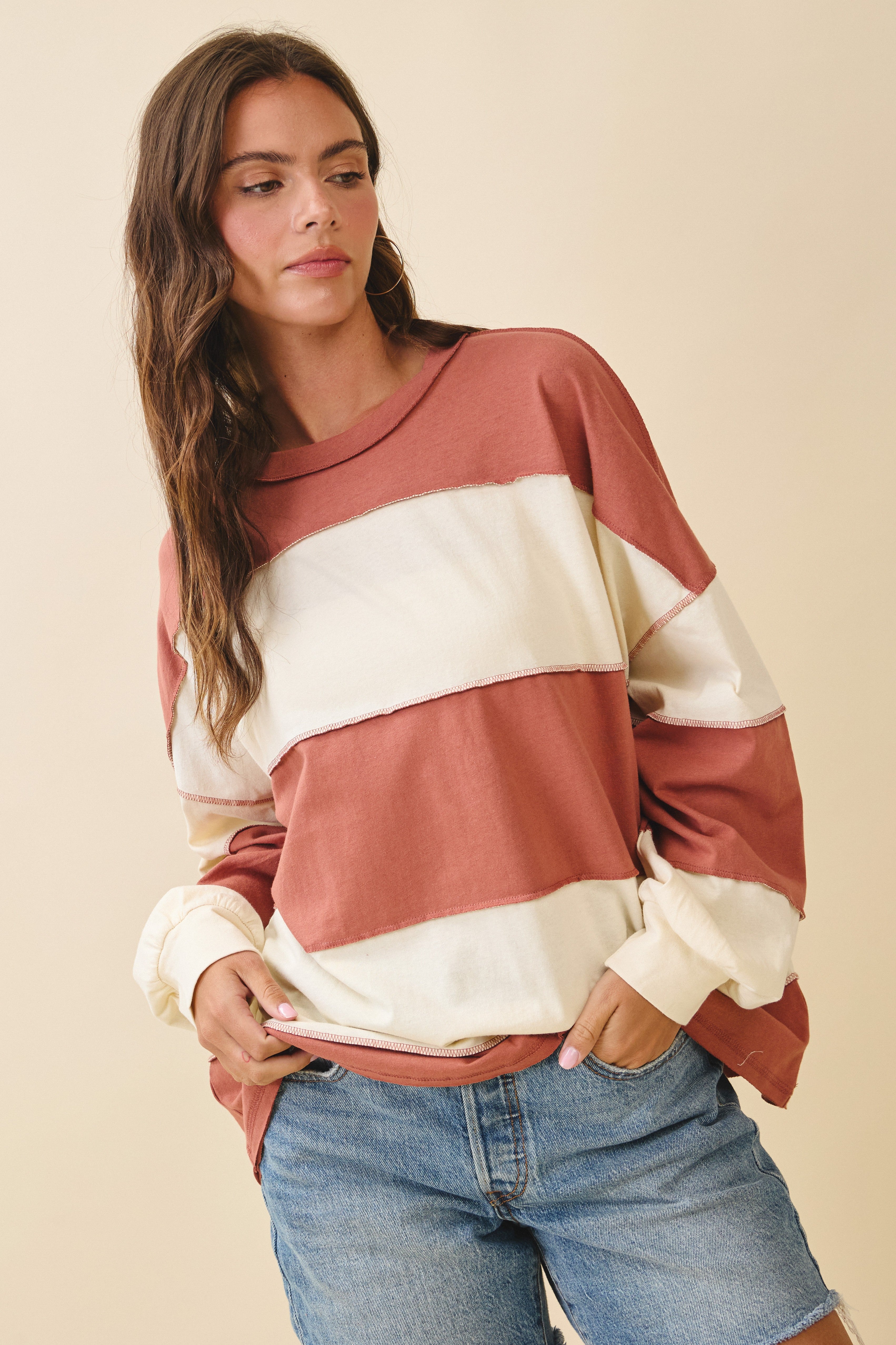 Contrast Panel Terracotta Butter Long Sleeve Slouchy Pullover