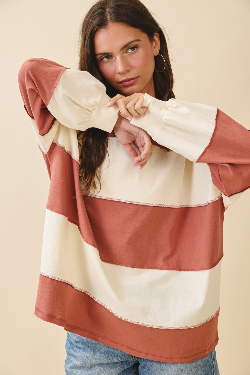 Contrast Panel Terracotta Butter Long Sleeve Slouchy Pullover