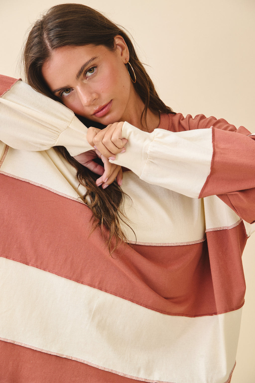 Contrast Panel Terracotta Butter Long Sleeve Slouchy Pullover