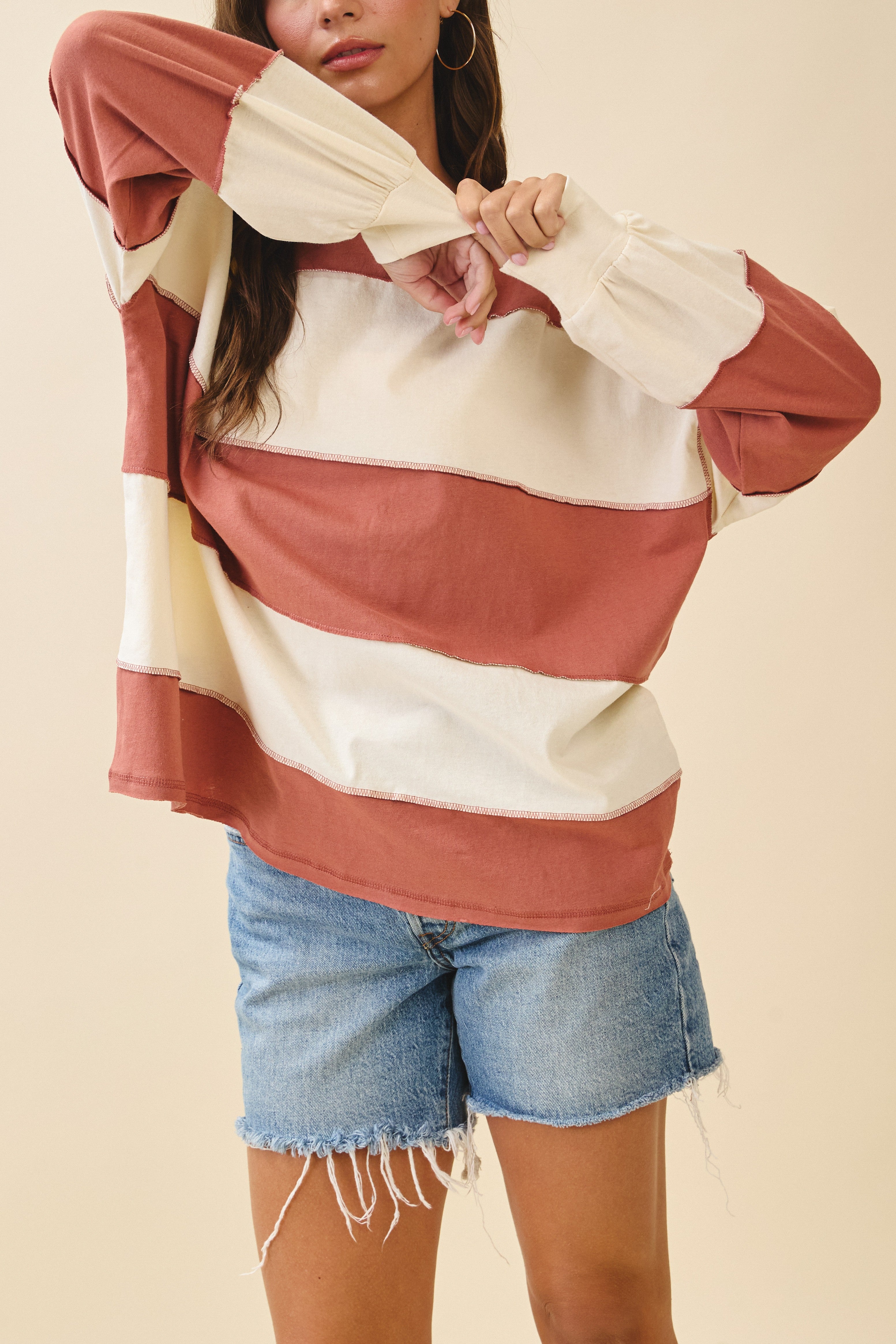 Contrast Panel Terracotta Butter Long Sleeve Slouchy Pullover