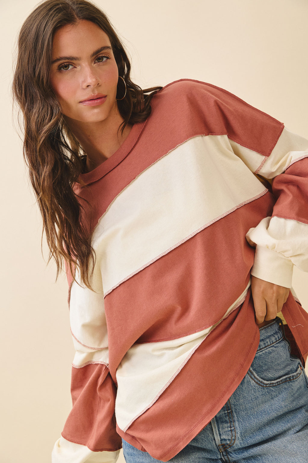 Contrast Panel Terracotta Butter Long Sleeve Slouchy Pullover