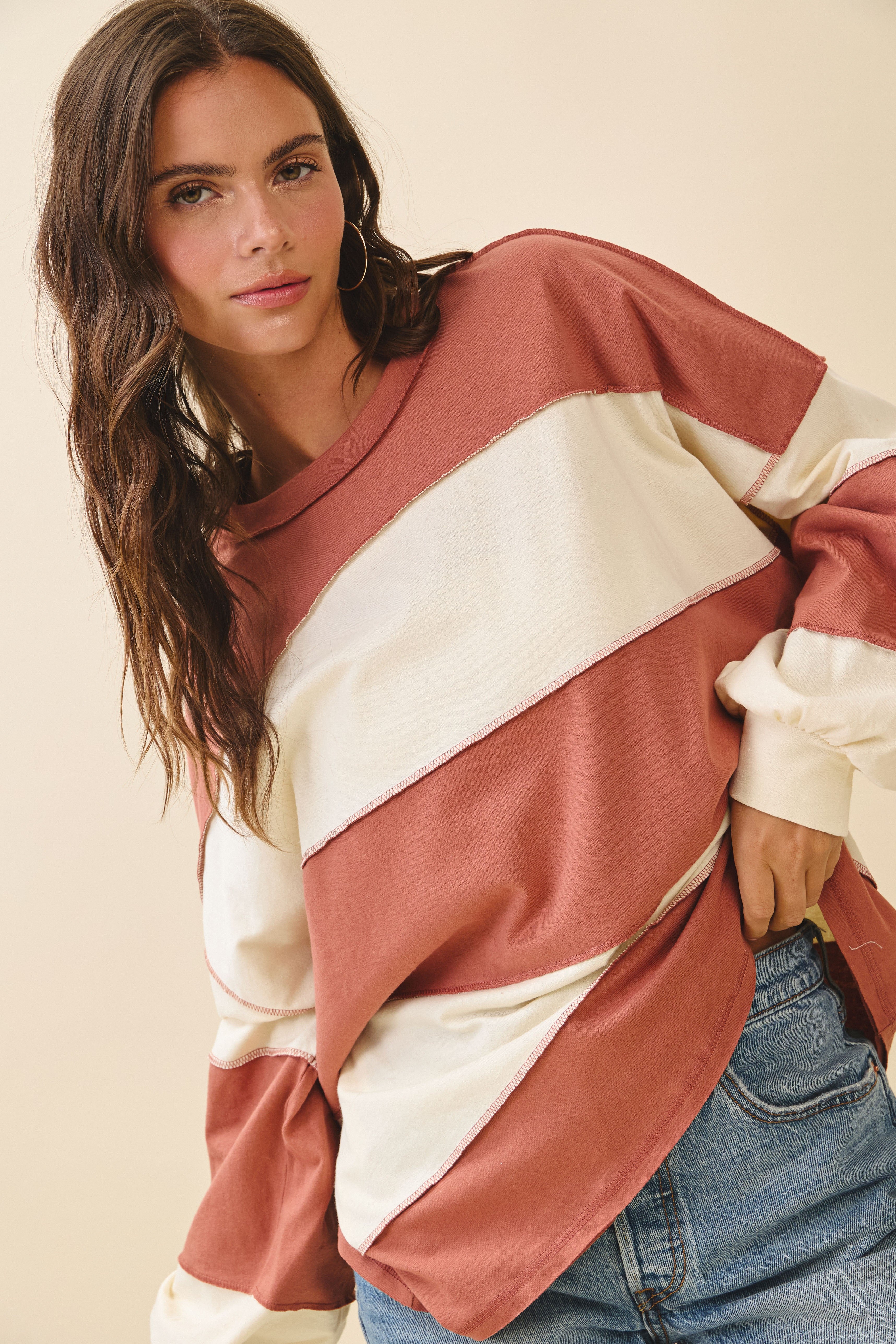 Contrast Panel Terracotta Butter Long Sleeve Slouchy Pullover