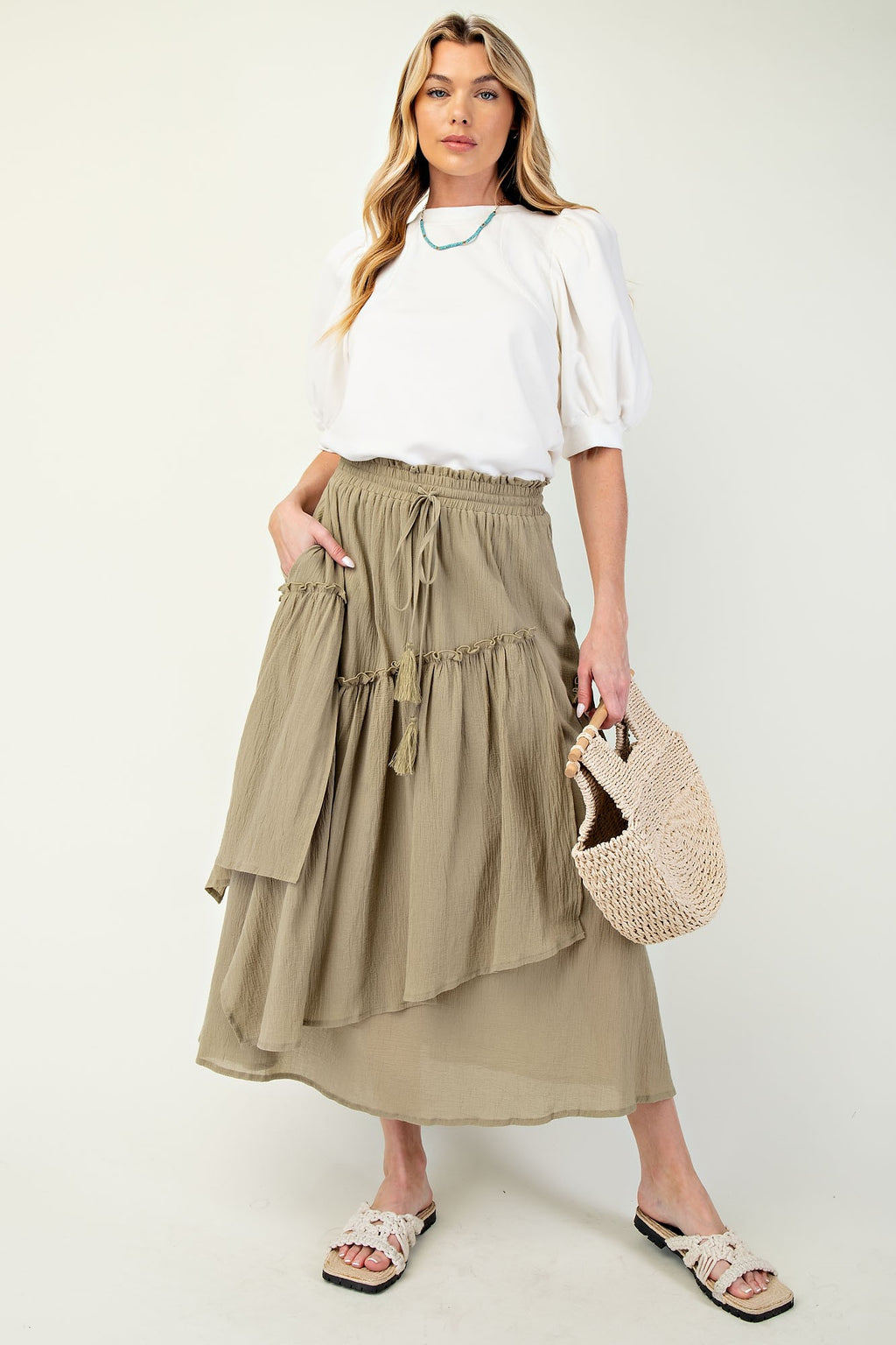 Dusty Sage Cotton Voile Woven Asymmetrical Maxi Skirt