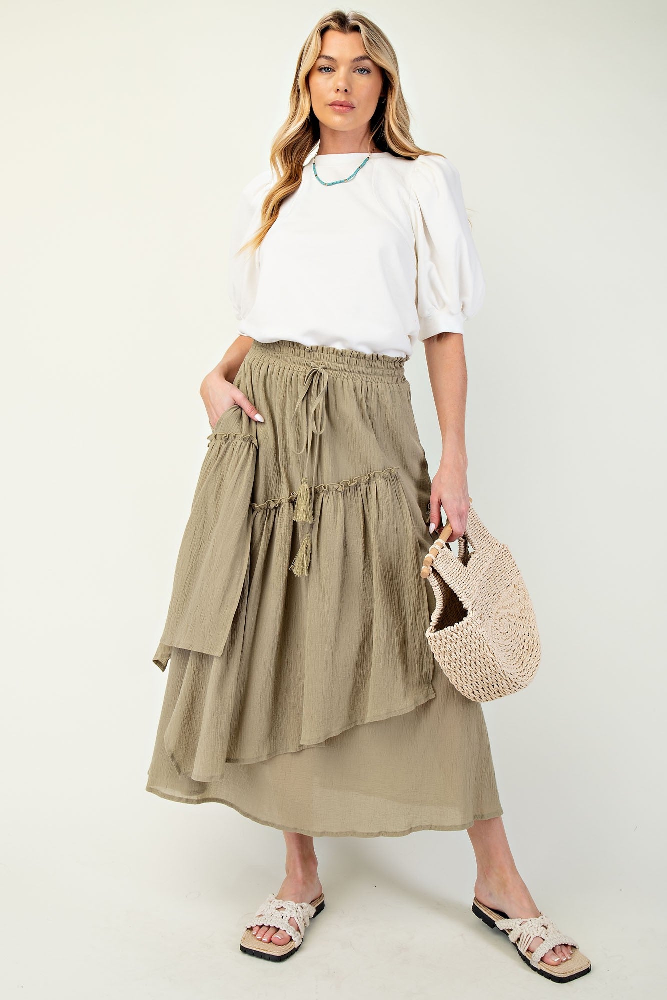 Dusty Sage Cotton Voile Woven Asymmetrical Maxi Skirt