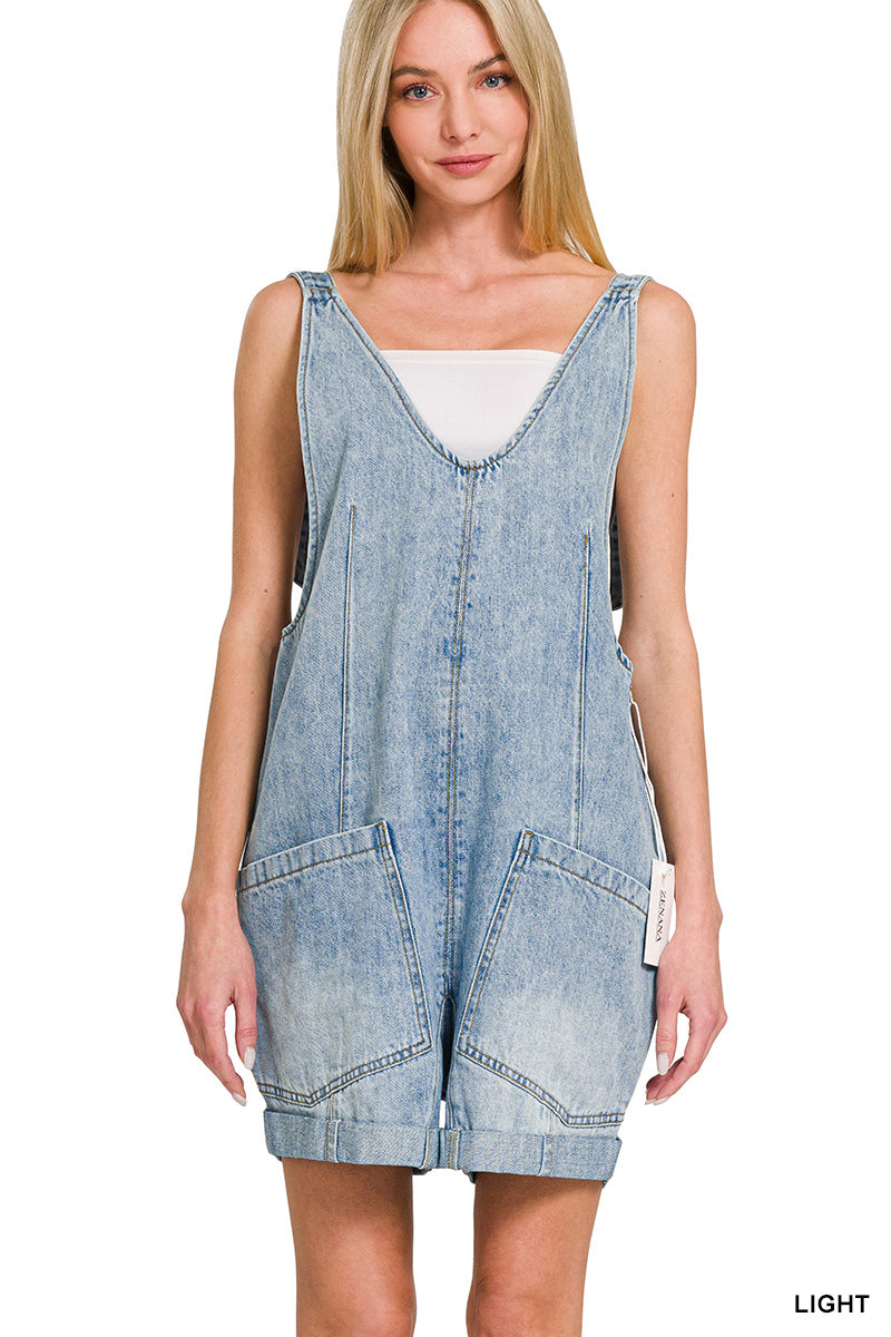 Light Wash Denim Short Overalls