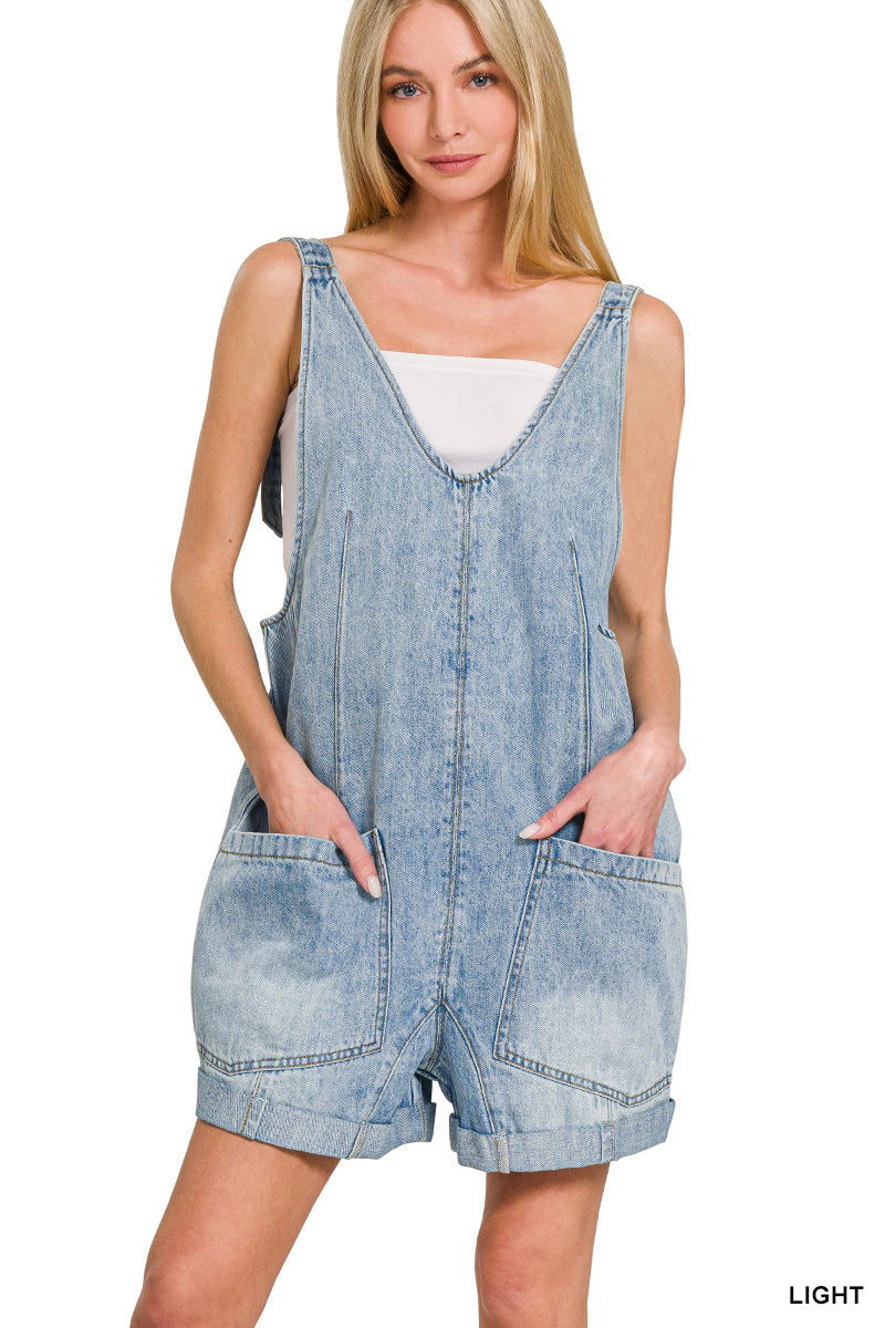 Light Wash Denim Short Overalls